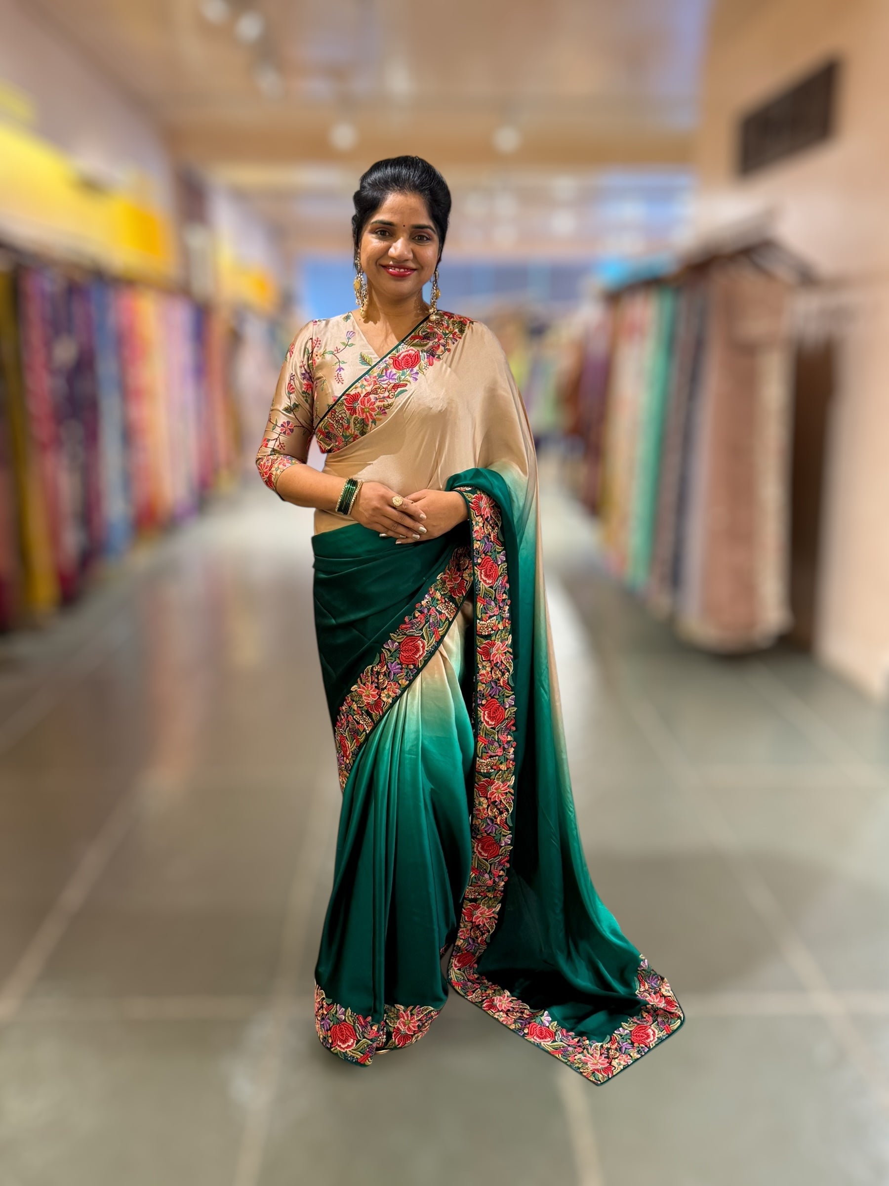 Pure Satin Ombre Dyed Saree with Petite Point Embroidered Border and blouse.
