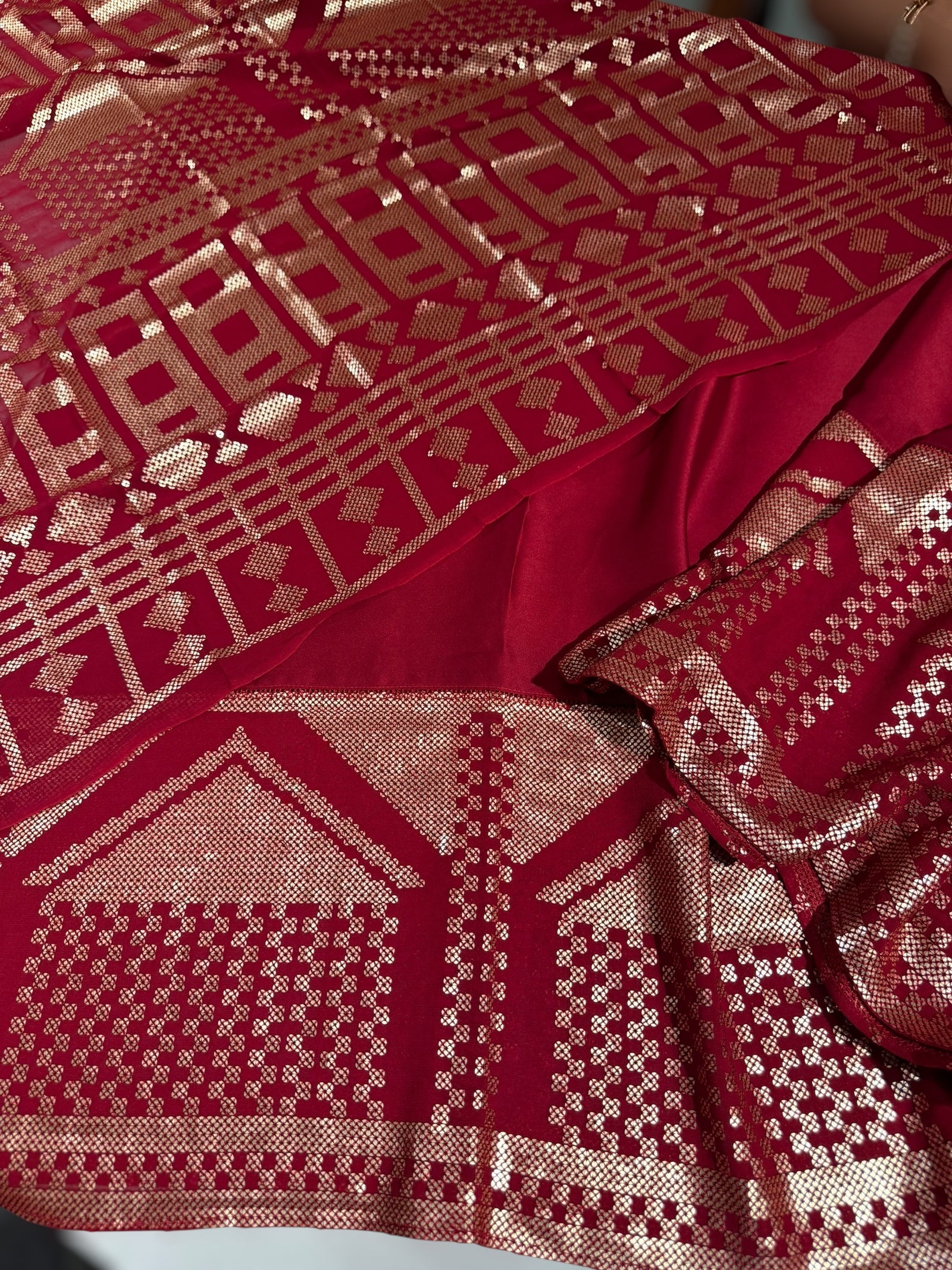 Red pure Satin Saree with designer sequence border and blouse
