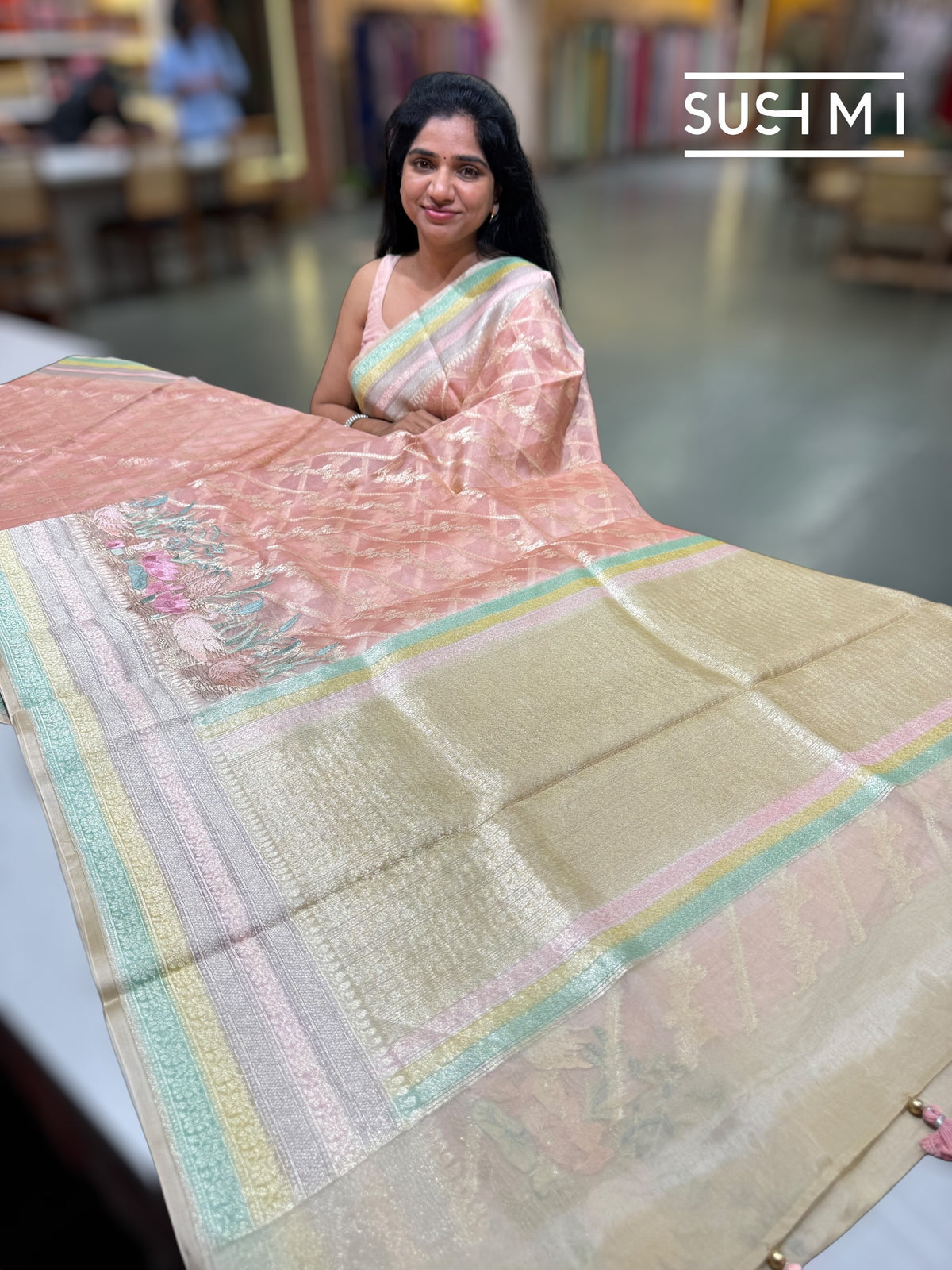 Peach Pink Designer Kora Banarasi Saree: S62F231