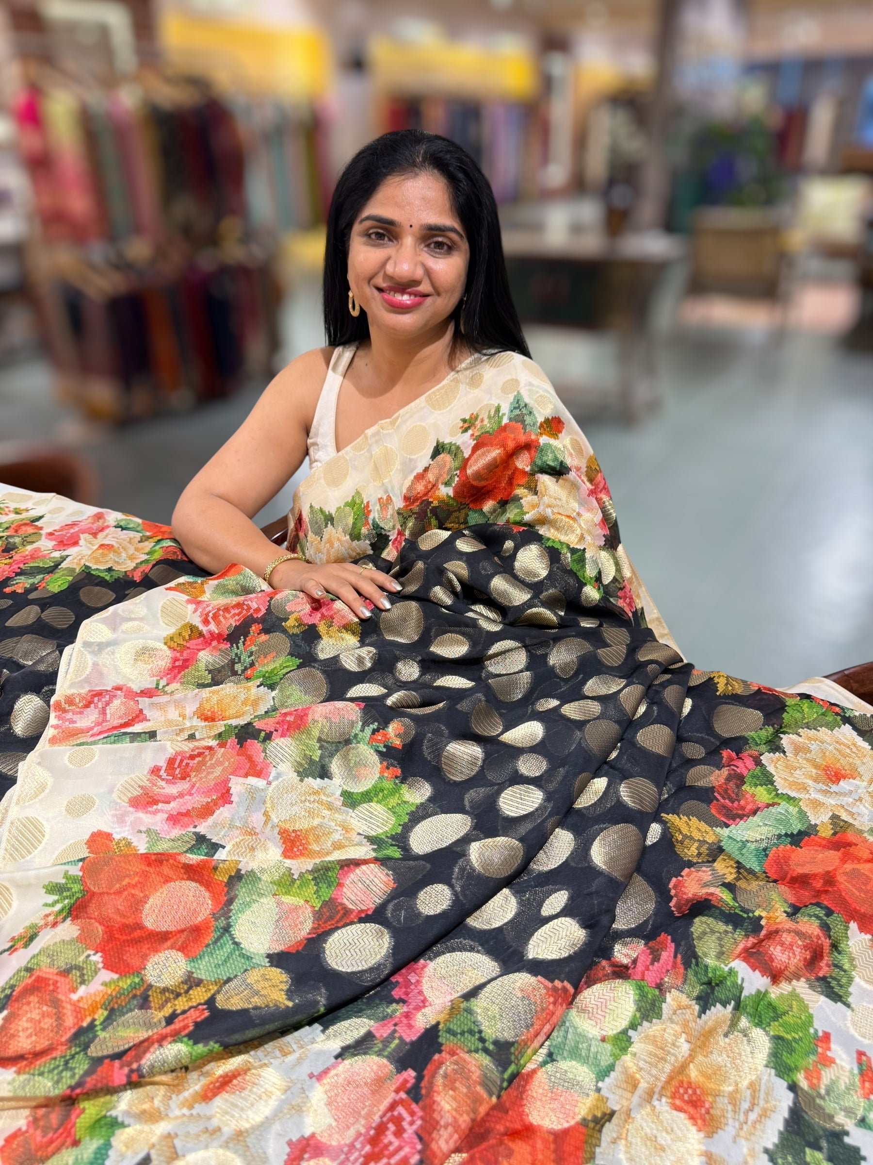 Black Banarasi Kora Gorgette Polka dot Printed Sareep