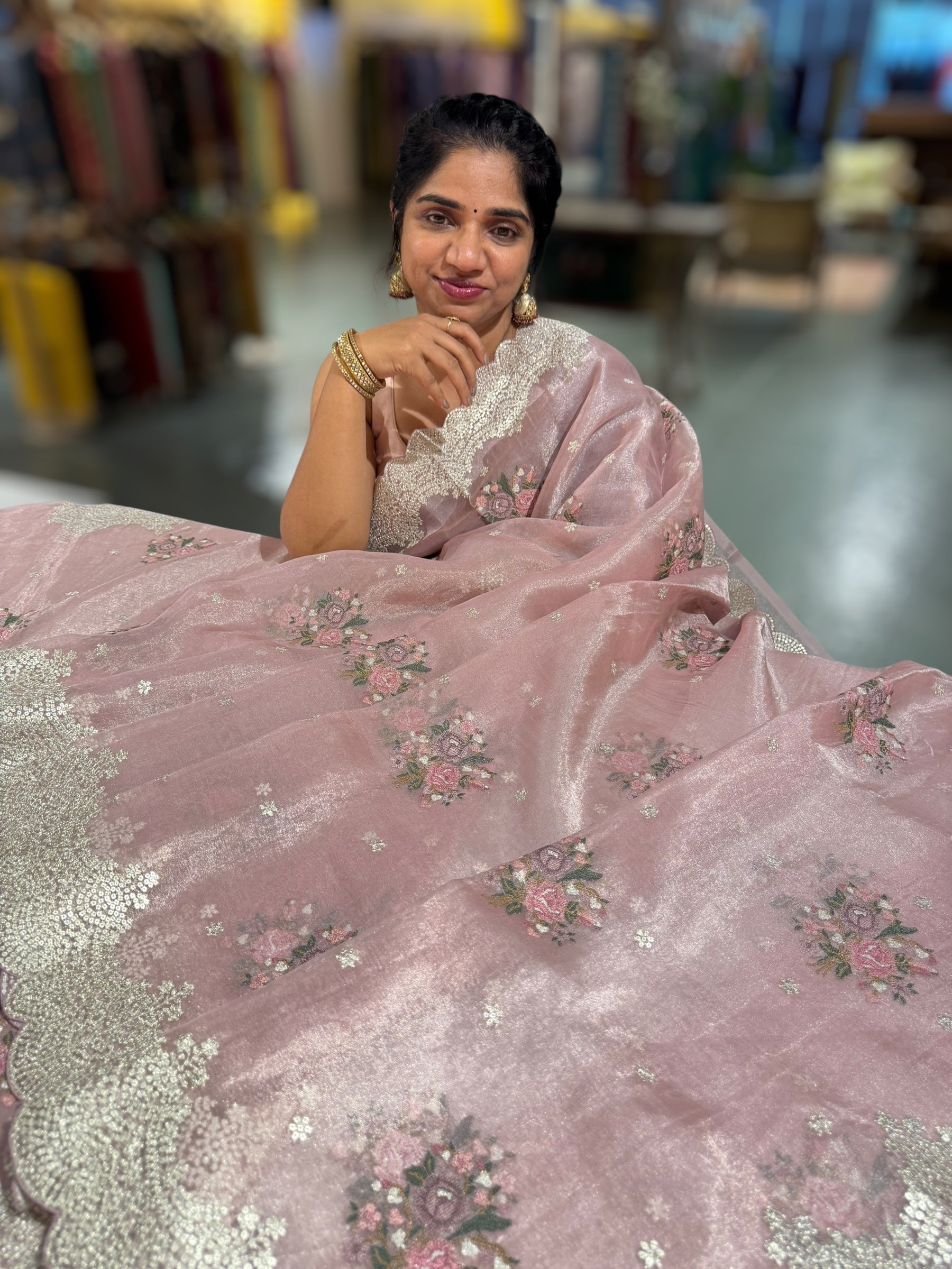 Pink Tissue Saree With allover Petite Point Motifs & Pittai Sequnce Borders