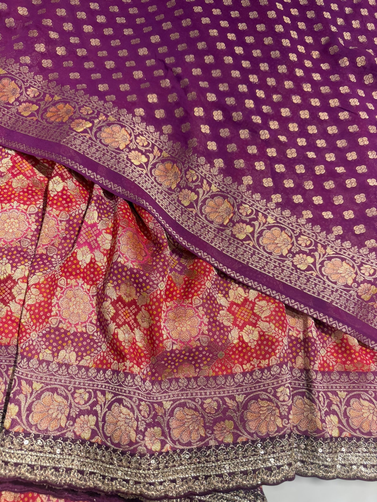 orangish Red & Wine Banarasi bandhini georgette
