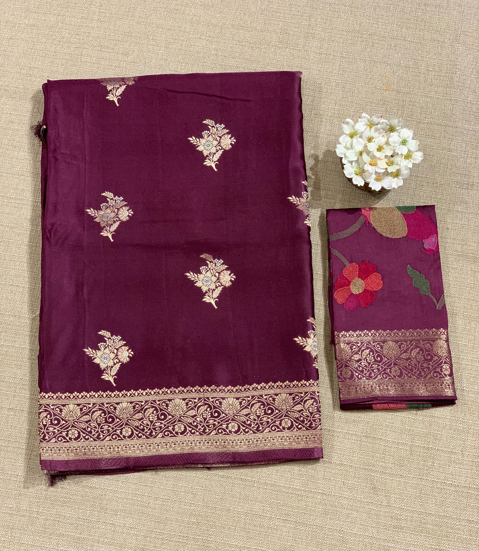 Wine Mashru Silk Saree with Paithani inspired embroidered blouse