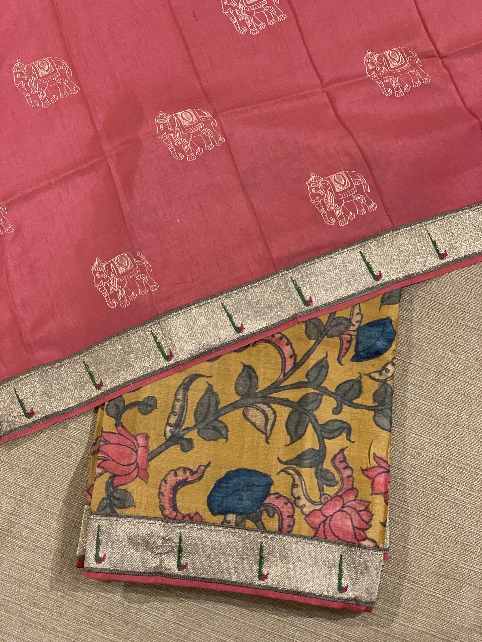 Pure Handloom Tussar kalamkari Saree with pythani single muniya borders