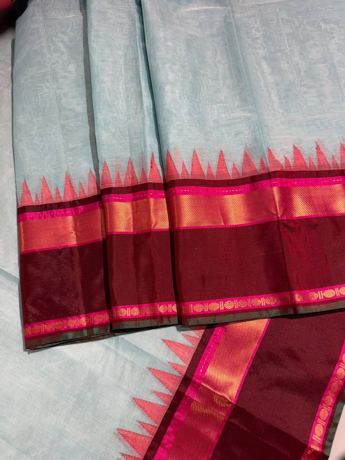 Pastel Blue Ponduru Khadi Saree in 80’s Count with Kanchi Style borders