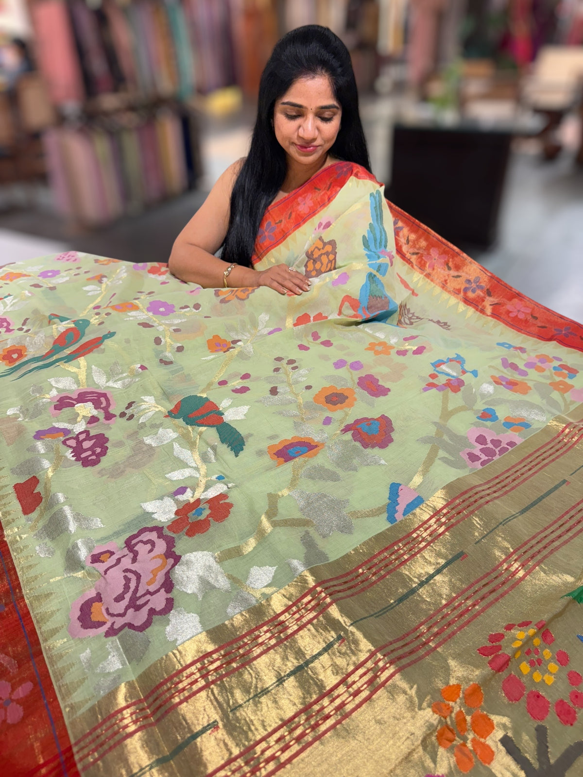 Mint allover ponduru khadi jamdani with paithani borders & Pallu