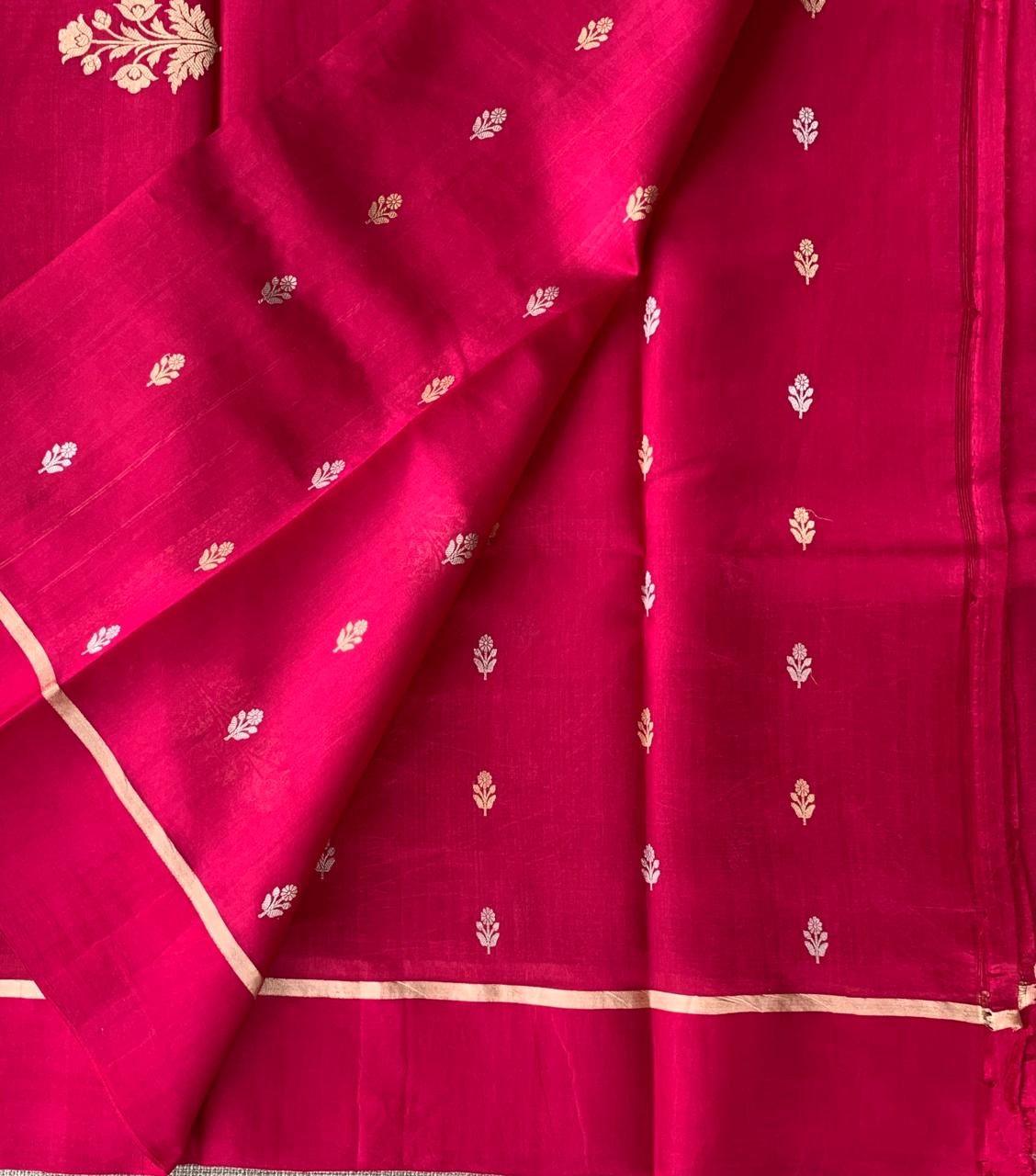 Ruby Pink Raw Mangoe Silk Saree in half and half style