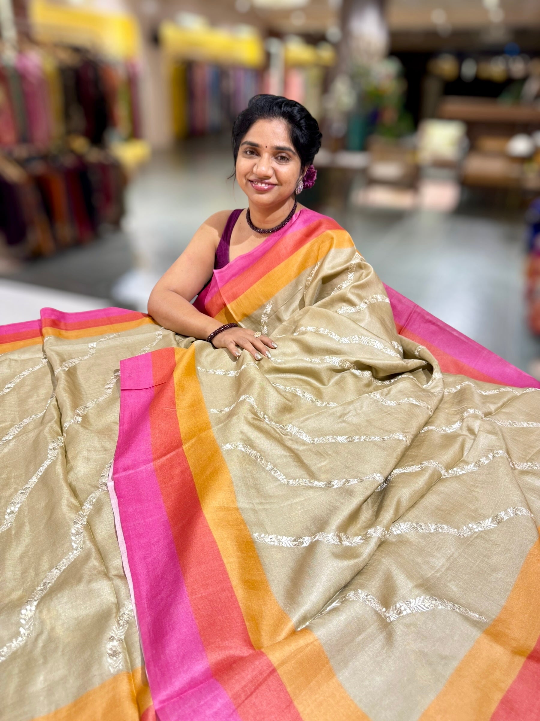 Golden Beige Embroidered Tussar Saree