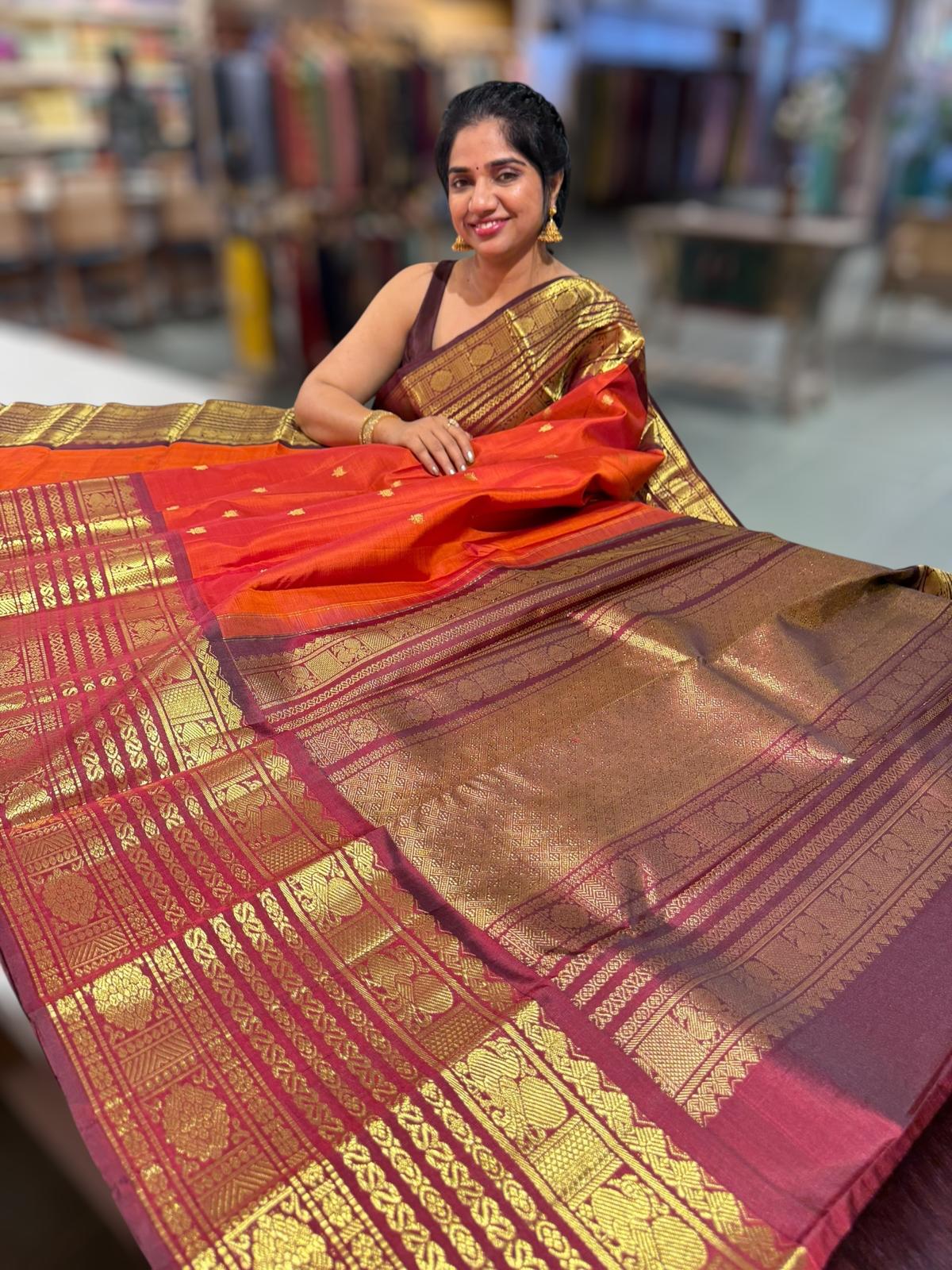 Rust Orange & Brown Combo Kanchi Vintage Checks Saree