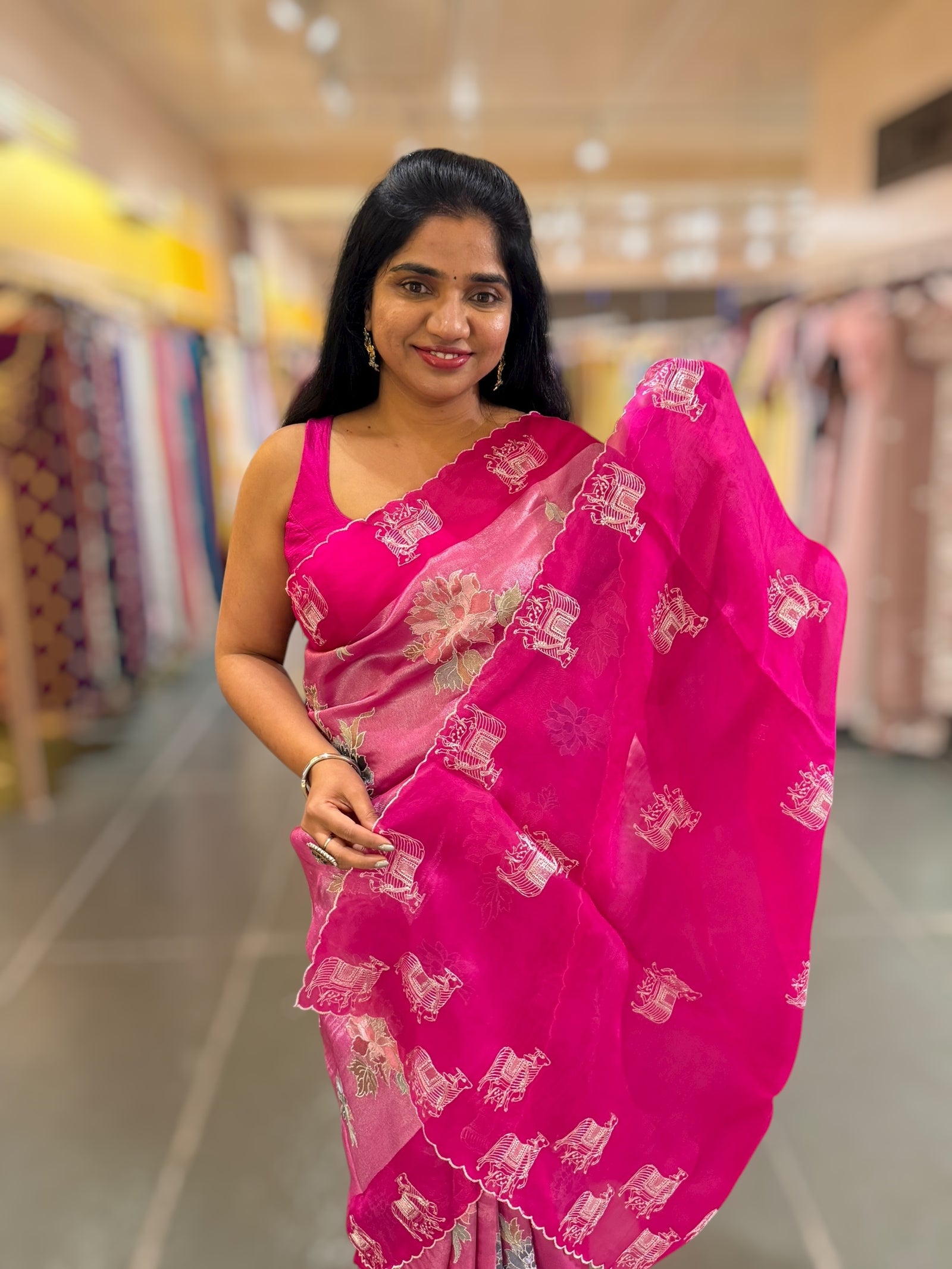 Fushcia Pink  Premium Handloom Designer Tissue saree with exquisite embroidery