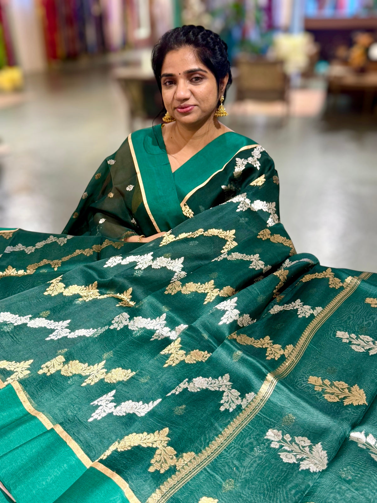 Bottle Green Kora Banarasi Saree in half & half style