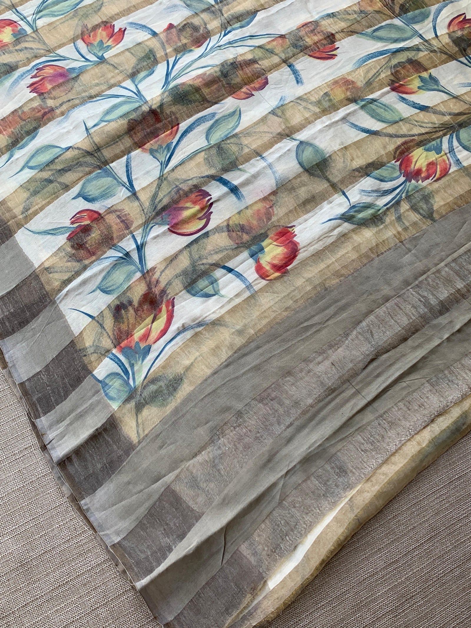 Mul silk handpainted Saree with tissue stripes and