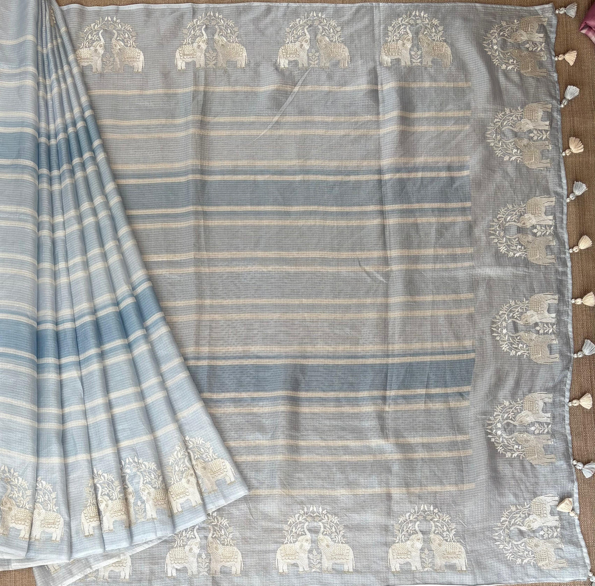 Dusty Blue Designer Silk kota saree with elephant embroidered border