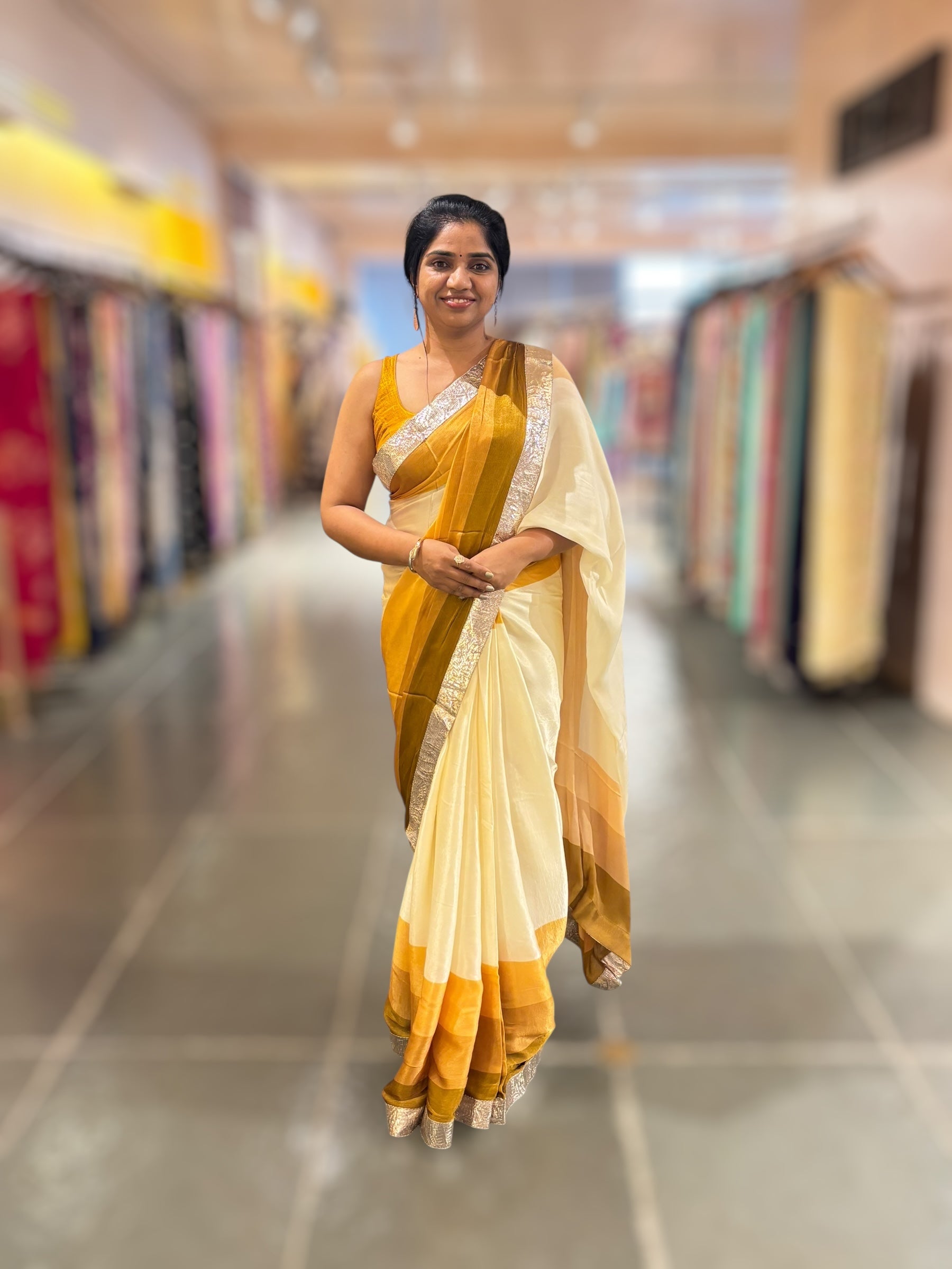 Ivory & mustard combo Chinnon Crepe Saree with Gotapatti Borders