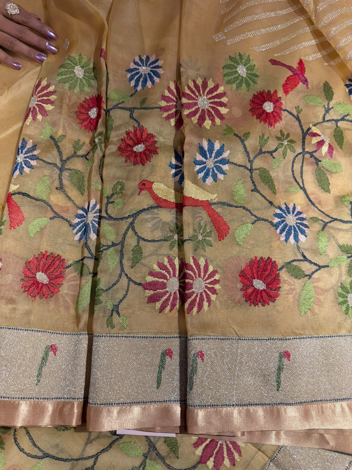 Sandalwood color Pure Organza Saree with pythani insipred embroidery