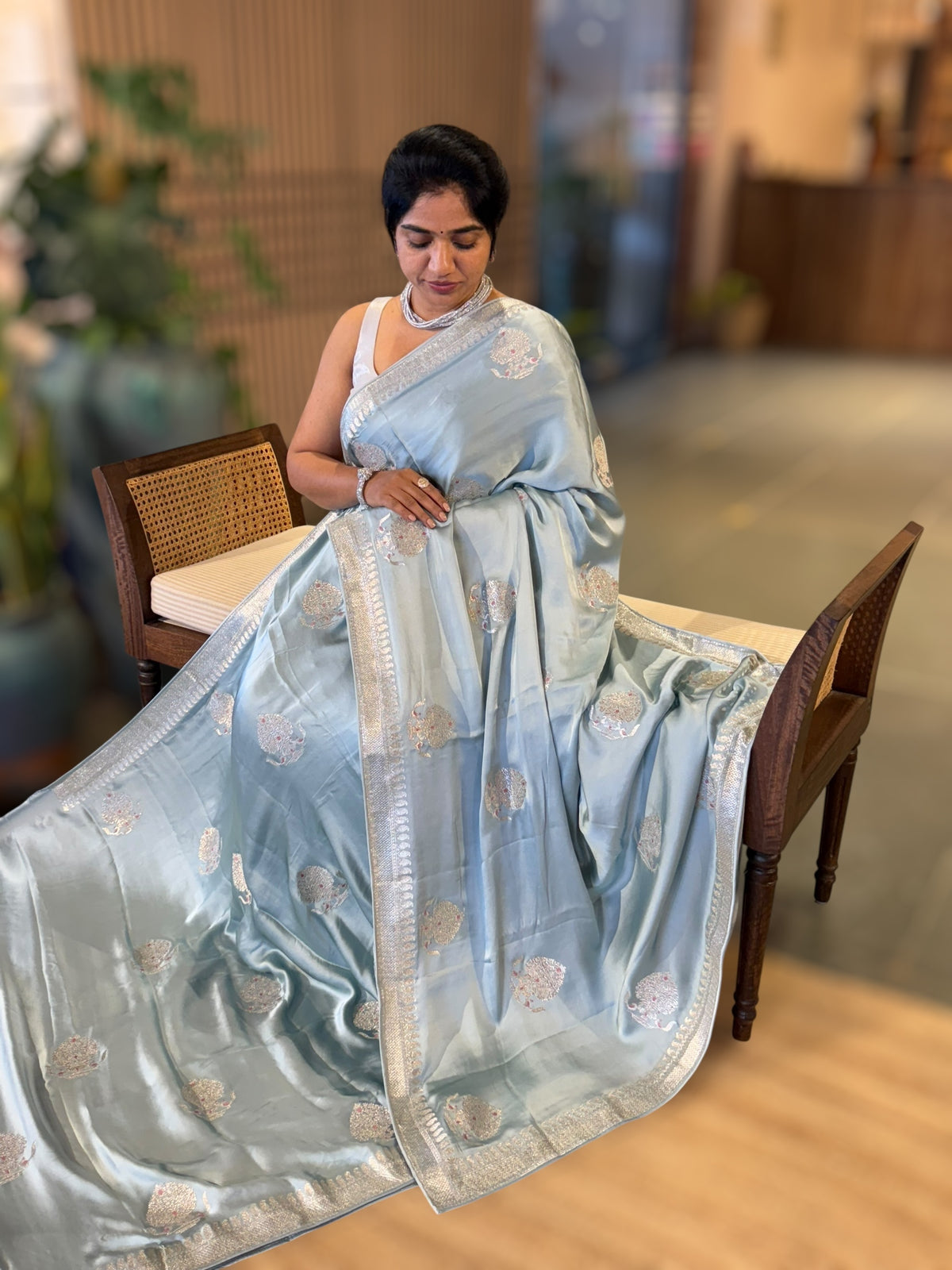 Powder Blue Satin Saree with Embroidery.