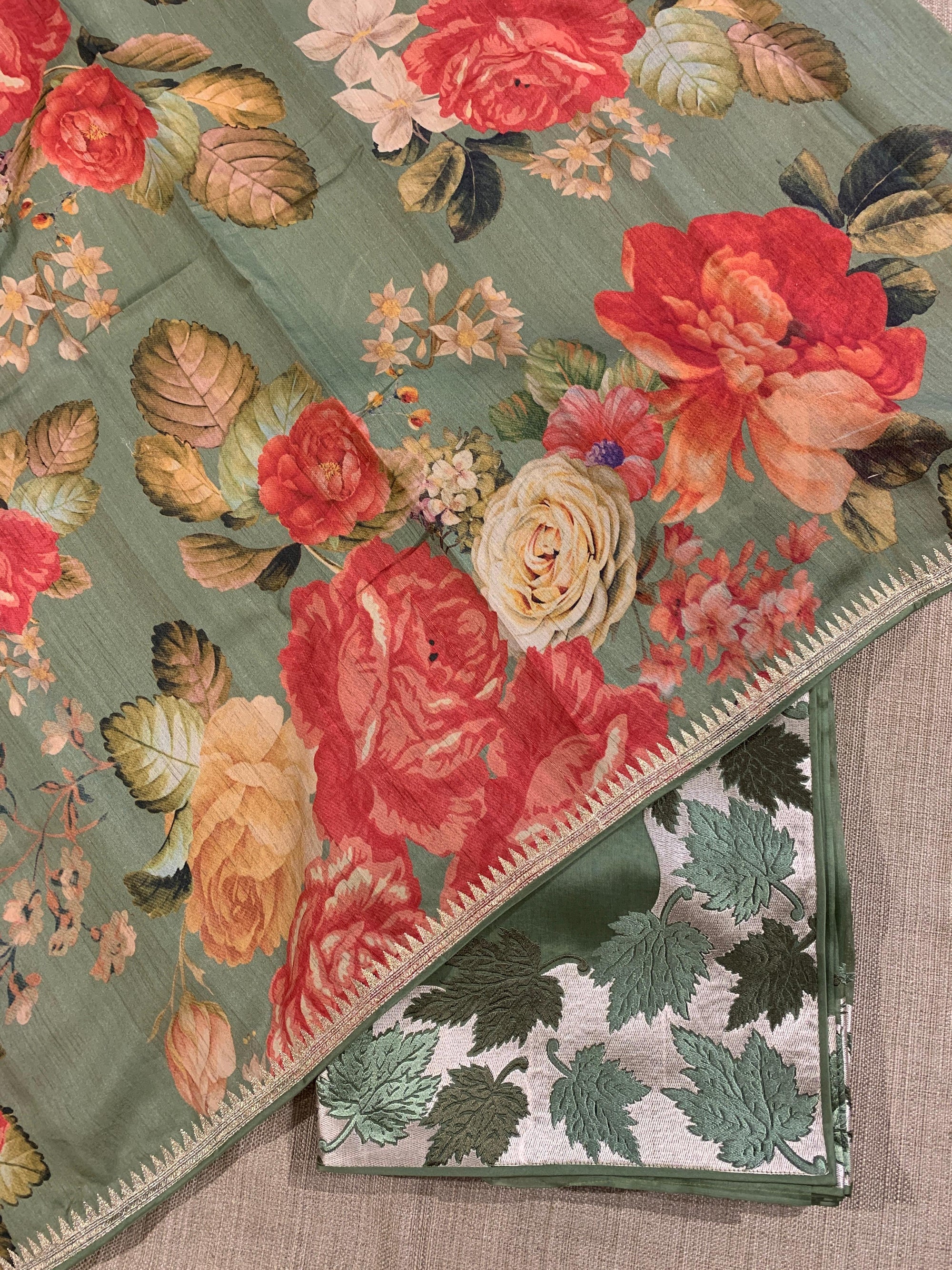 Sage Green Organza Saree with Stunning Leaf Embroidered Border