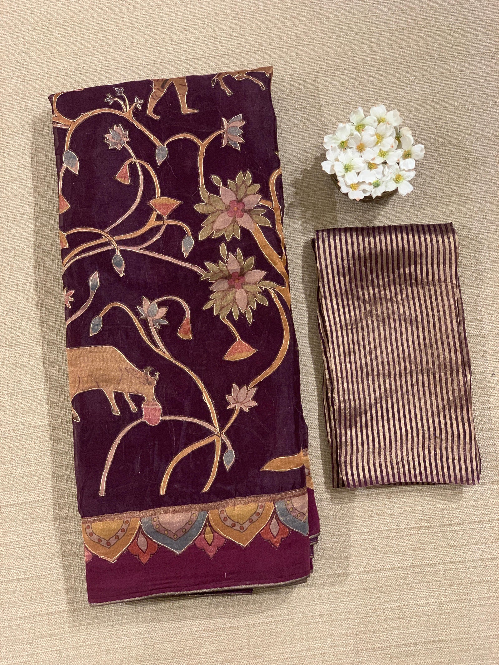 Wine Designer Organza Saree with Stunning Tissue Applique work Saree with Village theme