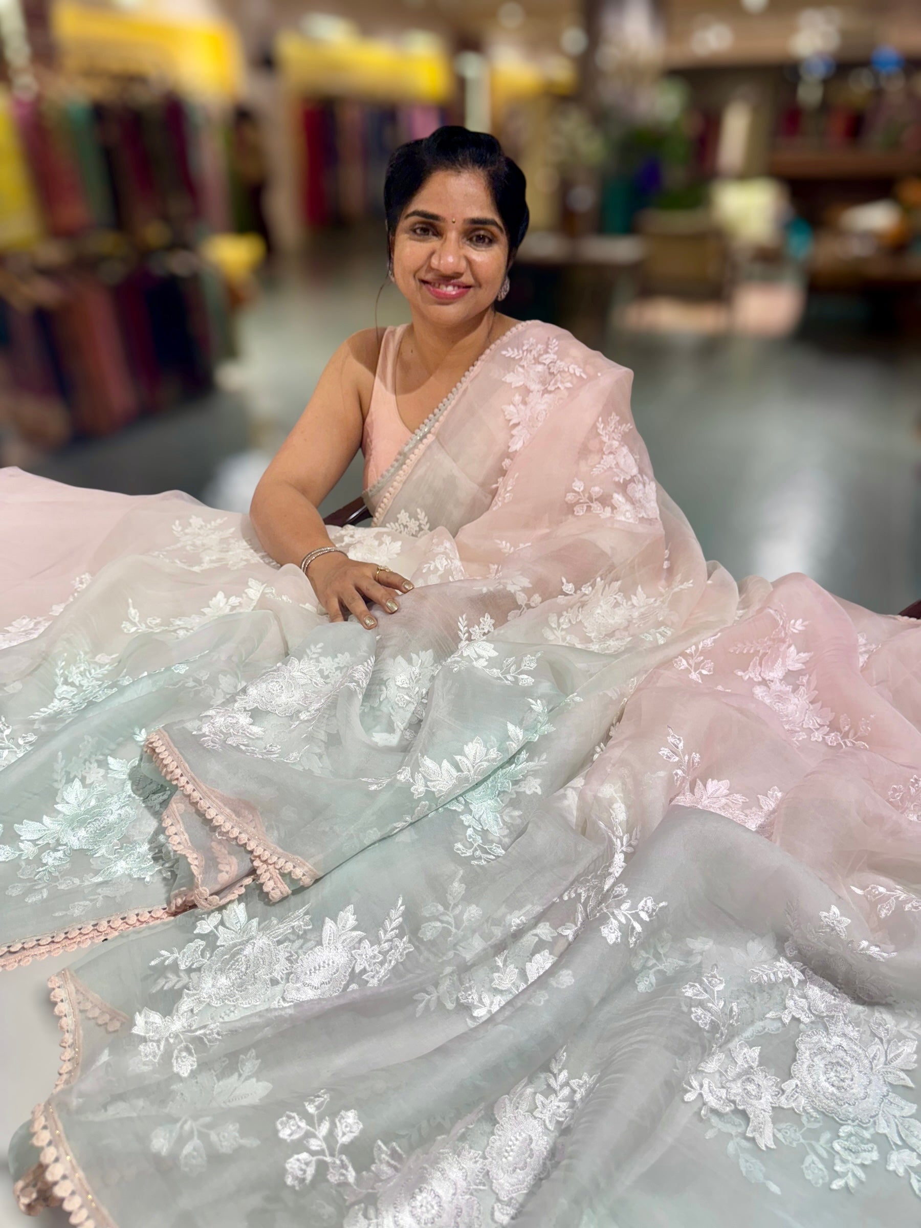 Pure Muslin Ombre Dyed Saree With allover Embroidery