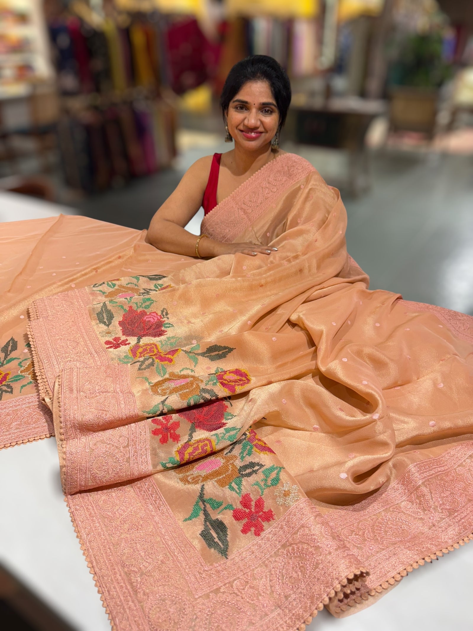 Dhaara : Peach Tissue Gorgette Saree