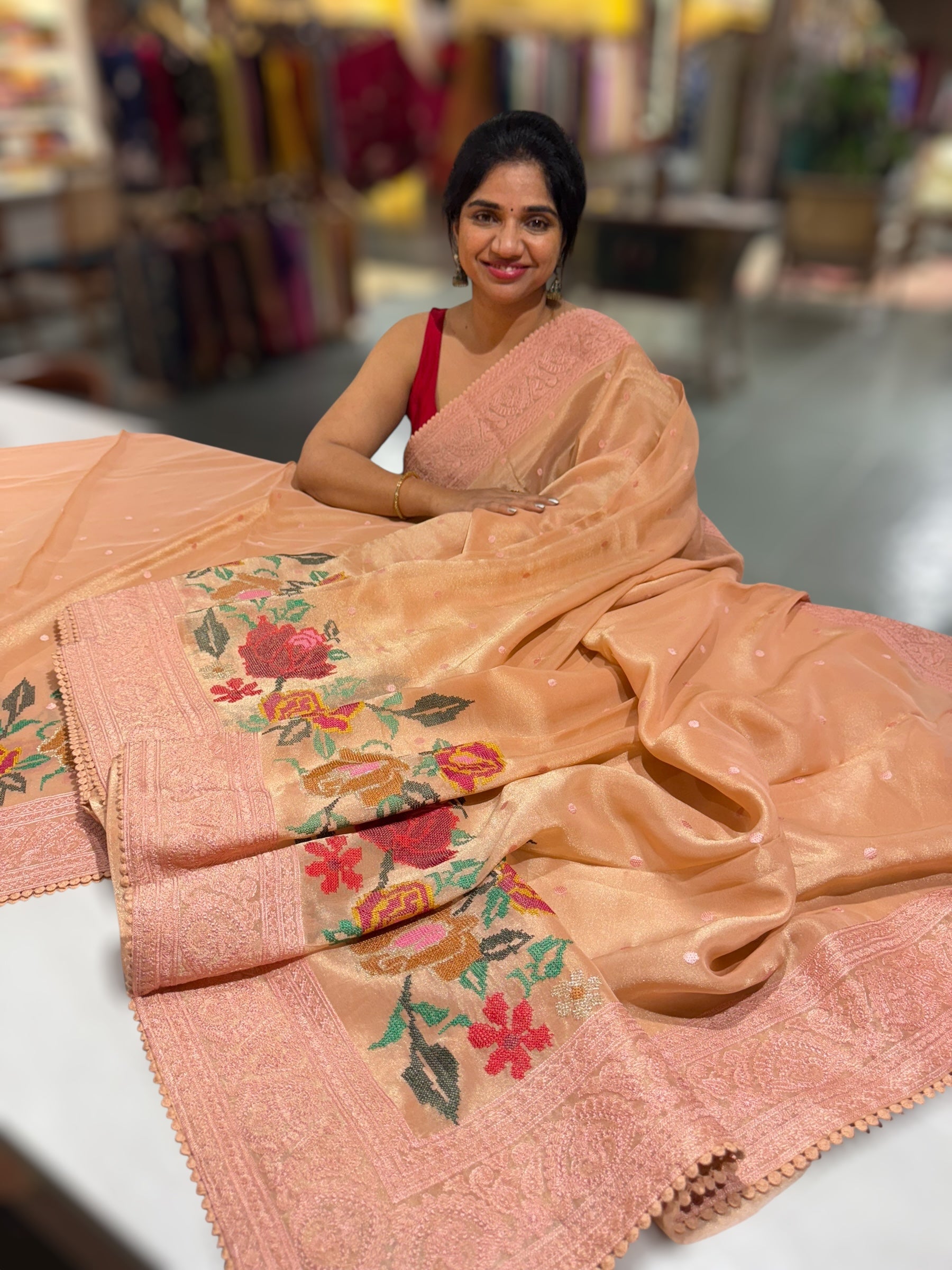 Dhaara : Peach Tissue Gorgette Saree