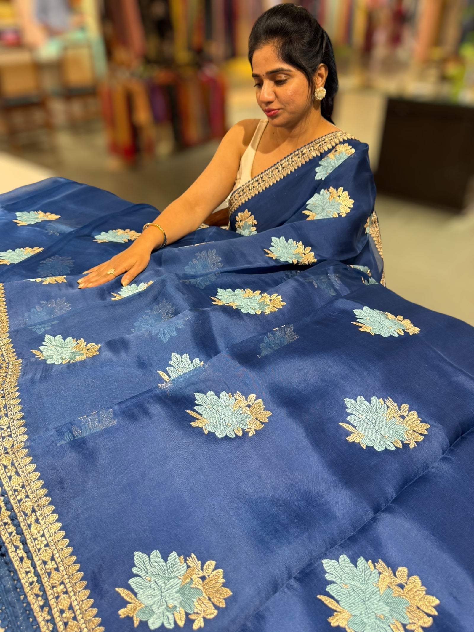 Blue pure Organza with embroidery