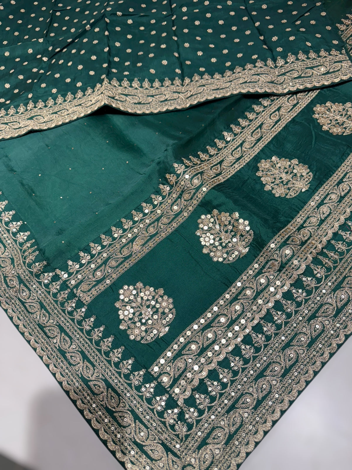 Emerald Green Pure Organza Saree with allover mukaish work & sabyasachi borders