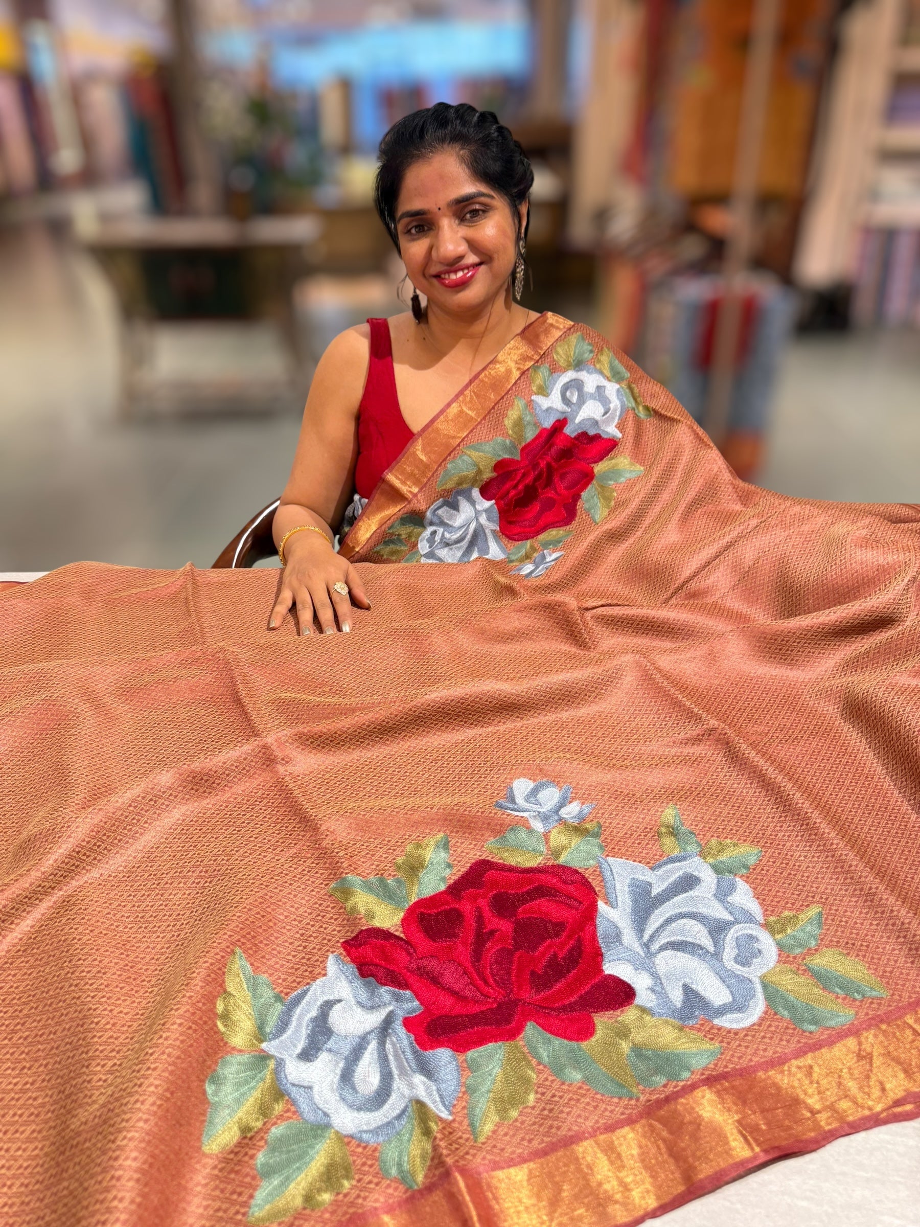 Rust Tussar Brocade Saree With Statement Red Rose Embroidery.