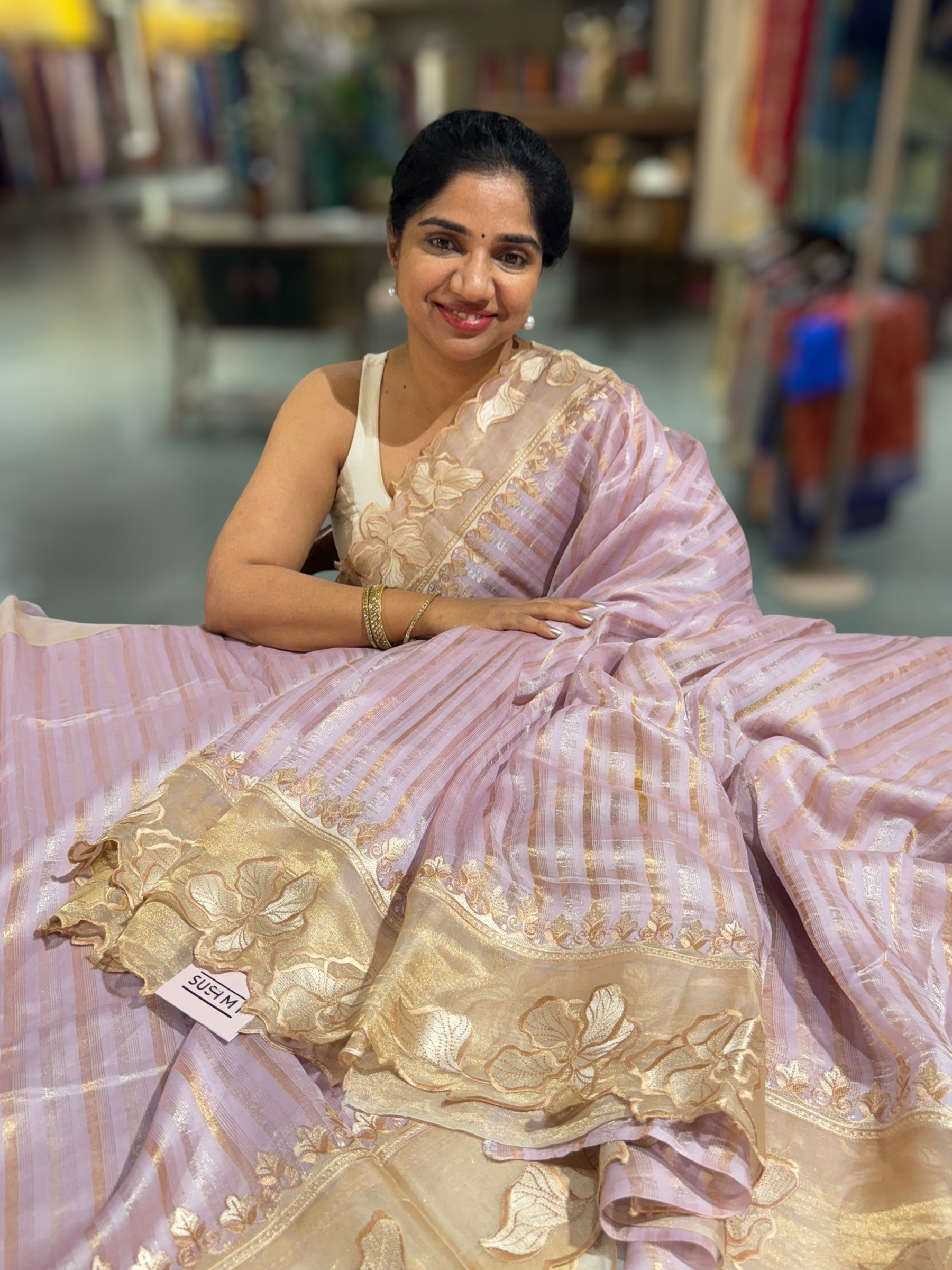 Lilac Mul Tissue Stripes Saree With Tissue Cutwork  Border & Blouse