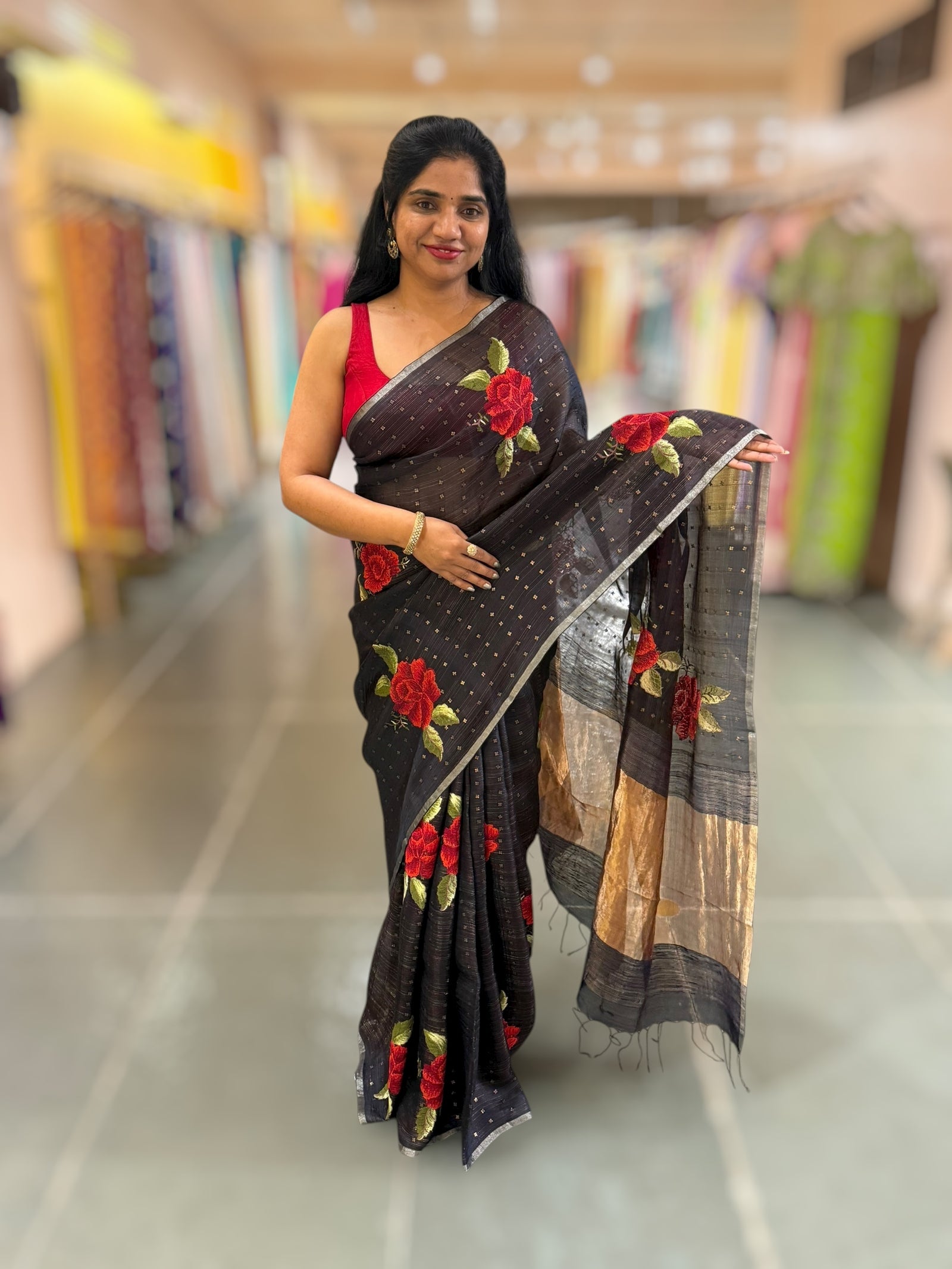 Darkest Midnight Blue Tussar Kota Saree with embedded sequnce and hibuscus flower embroidery