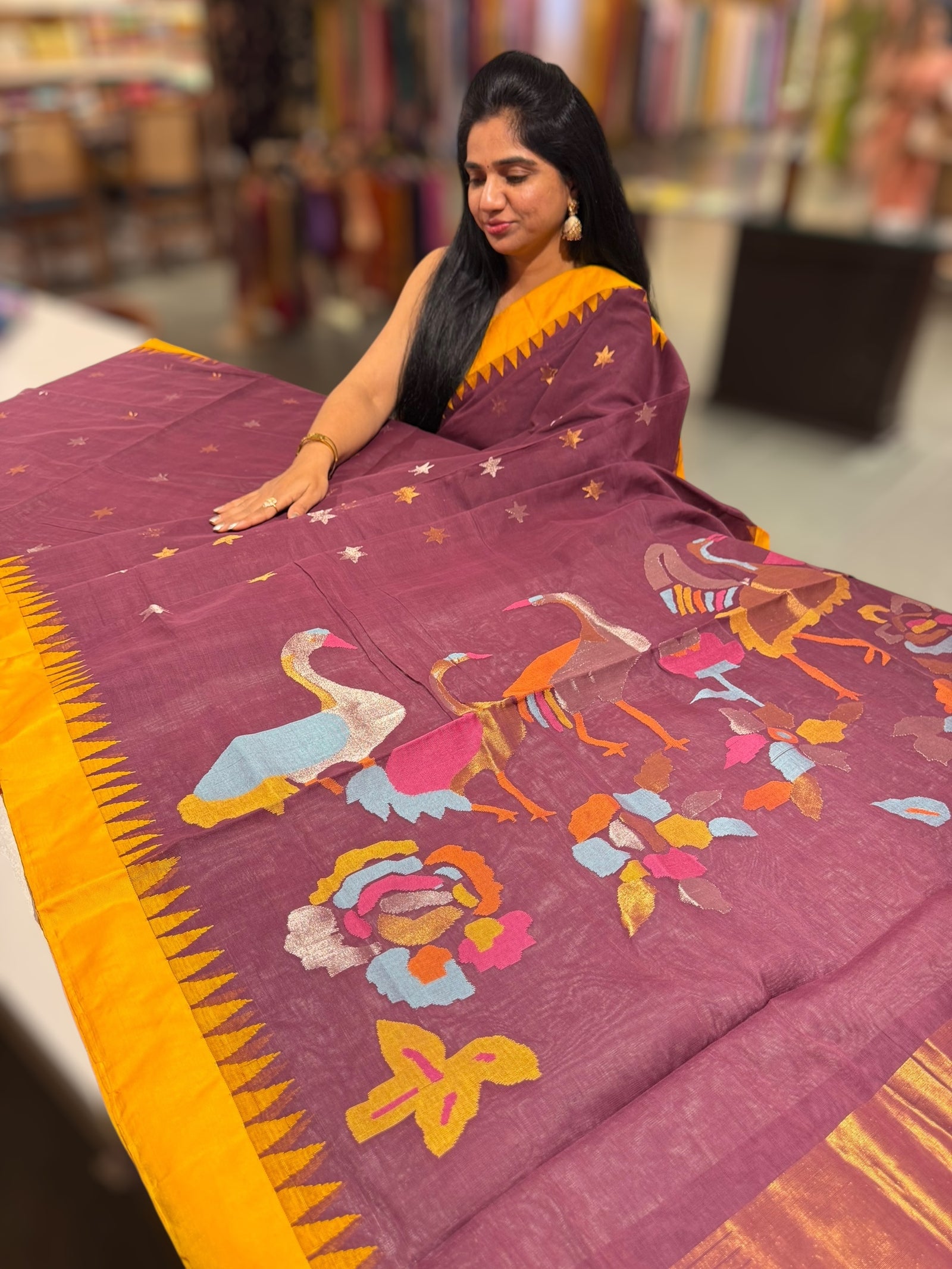 Winish Brown  Pure  handloom Ponduru Khadi jamdani Saree with swan pallu