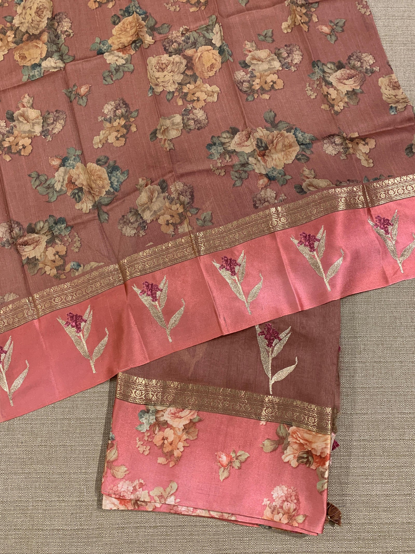 Dark Onion Pink Tussar Dhupion Saree with Floral printed mashru borders