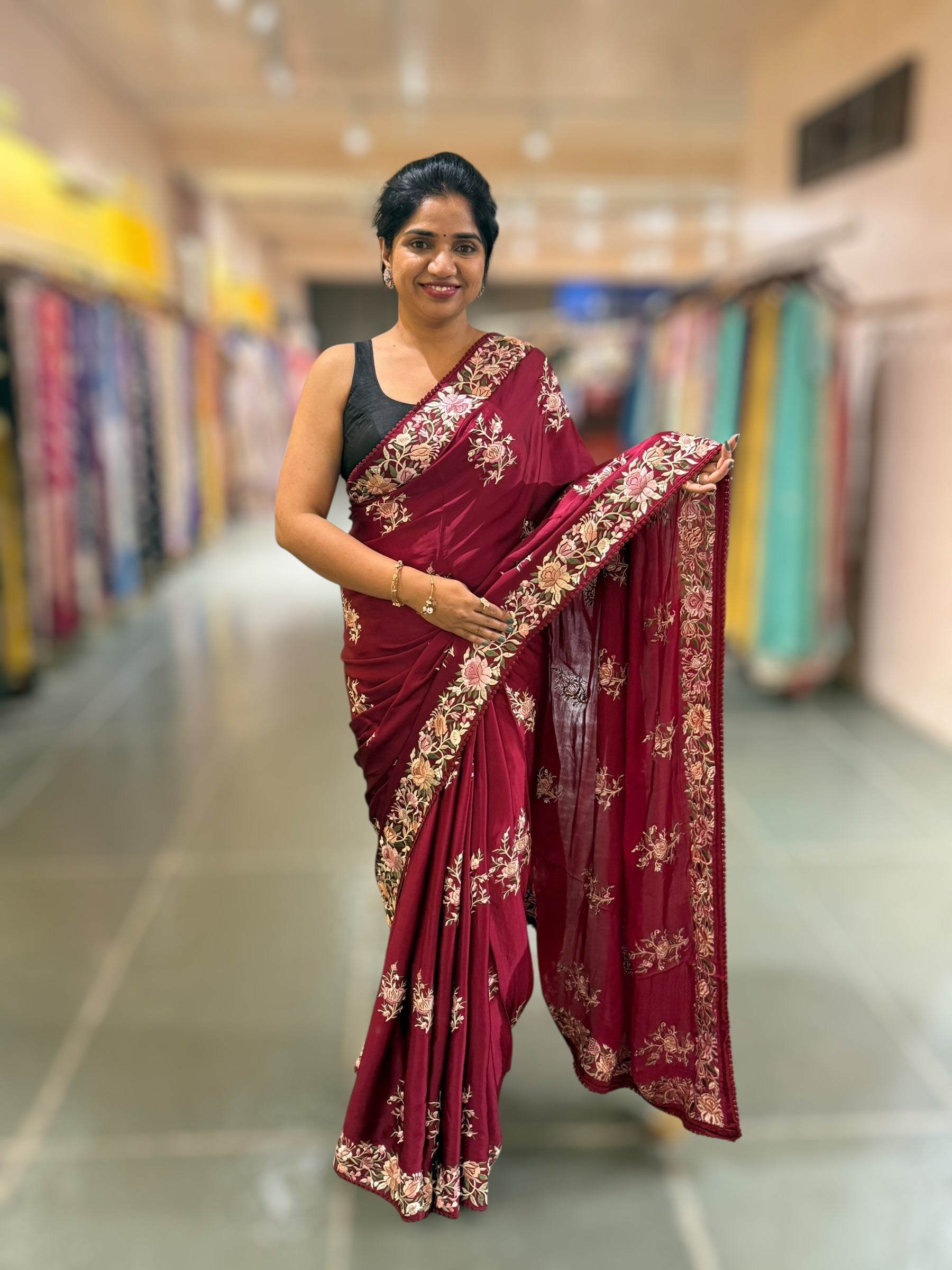 Burgundy Satin Saree with Parsi Gara embroidery