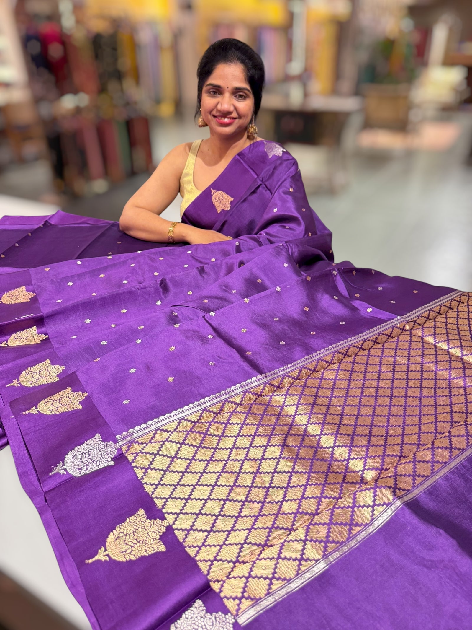 Brinjal Poona Silk Saree with kaduwa woven Motifs on Mashru Borders