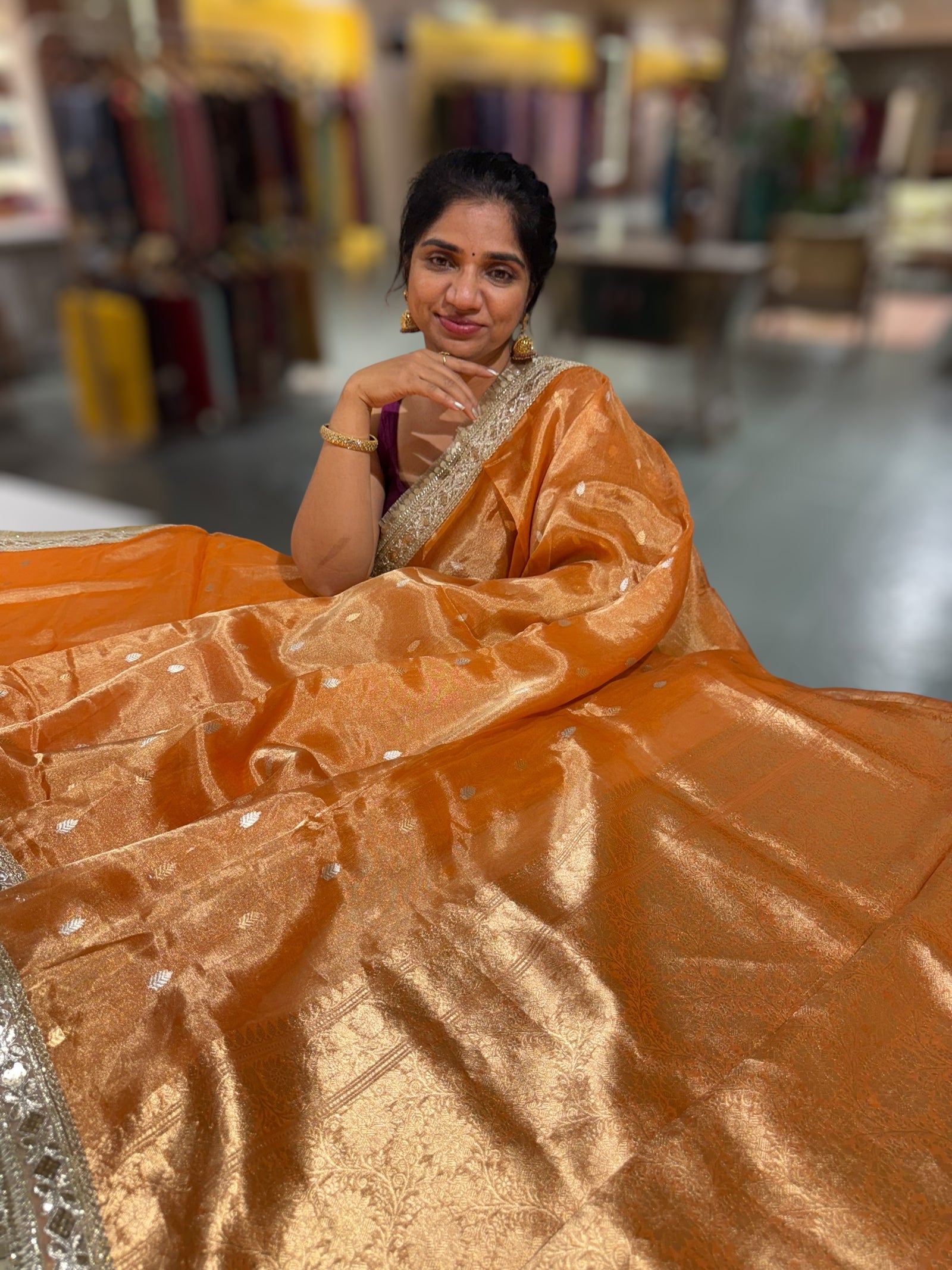 Orange Pure handloom Banarasi Tissue saree