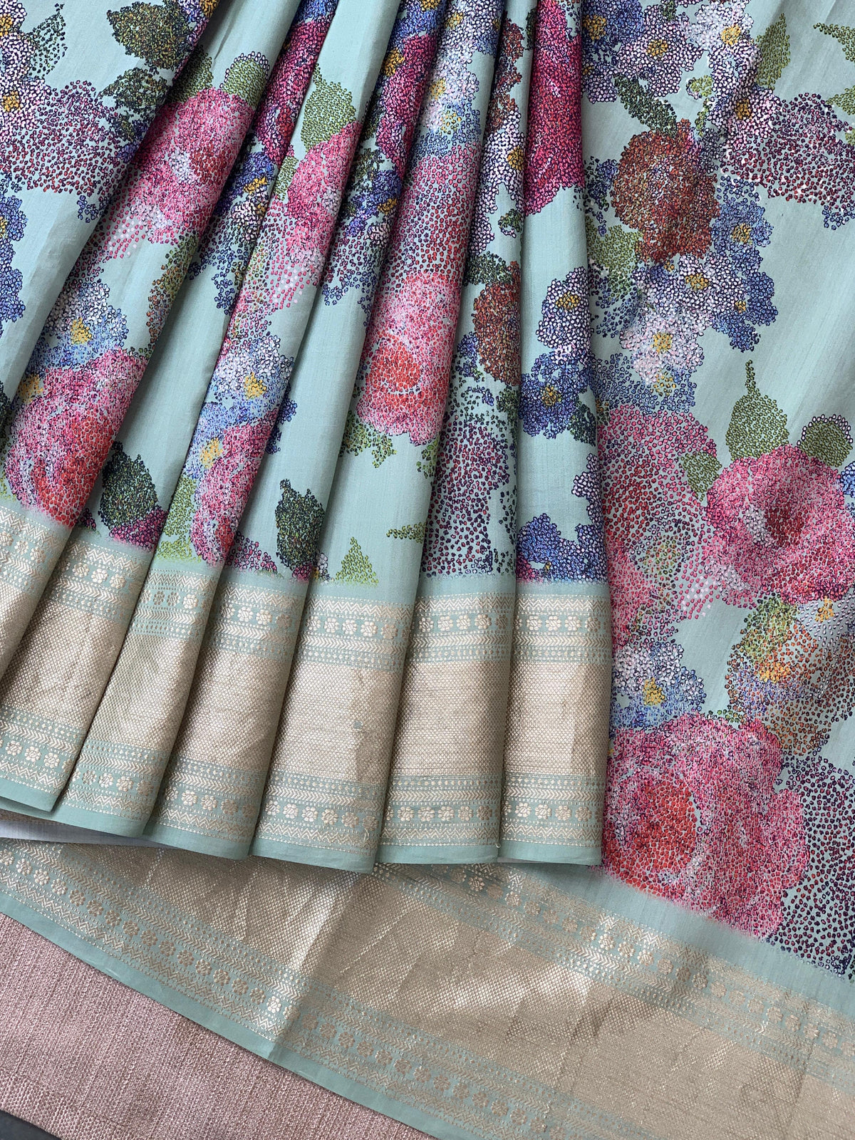 Mint Pure Handloom Chiniya Silk Saree with stunning Floral Print and zari borders