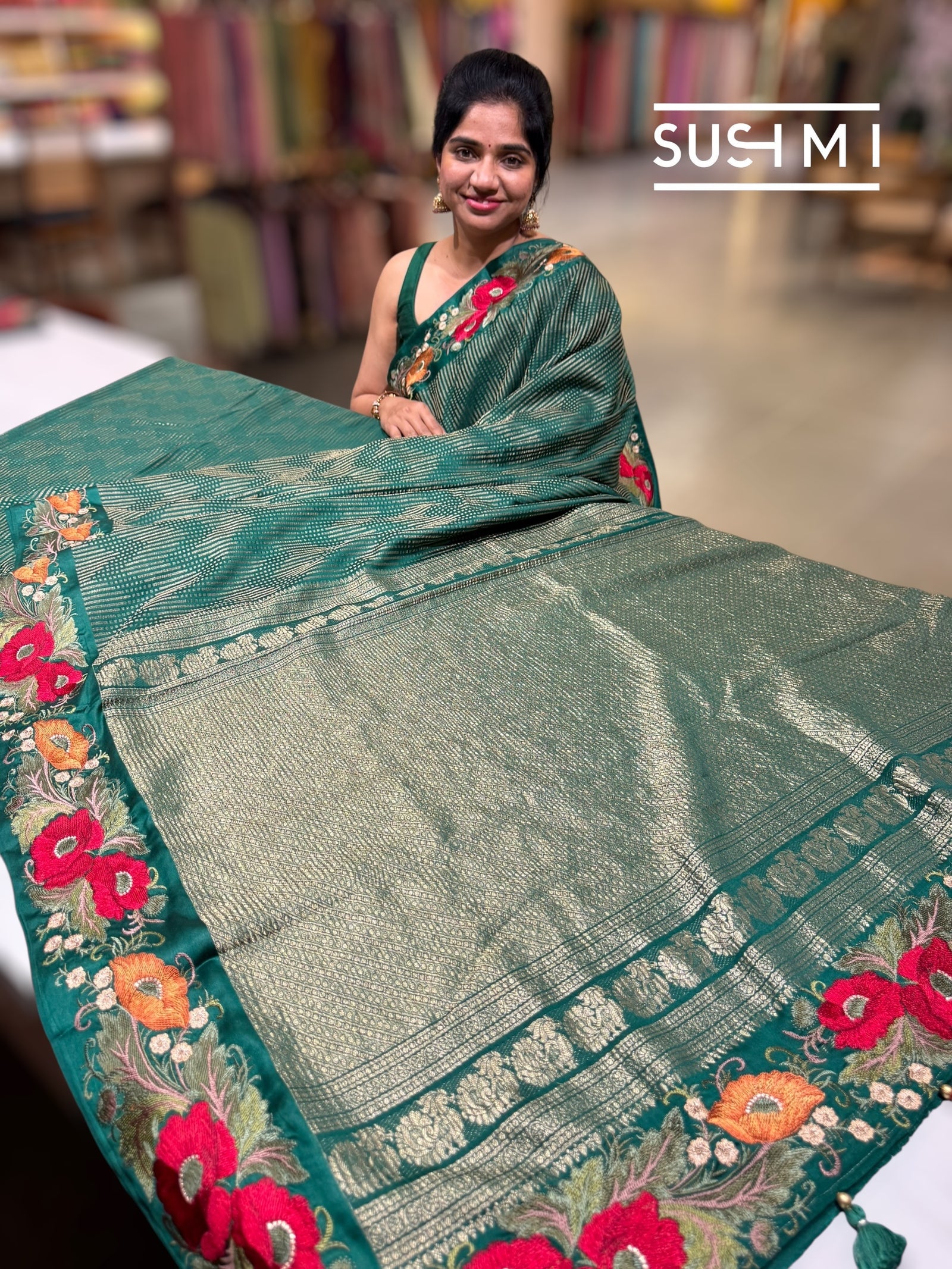 Bottle Green Mysore silk with embroidered border S62F063