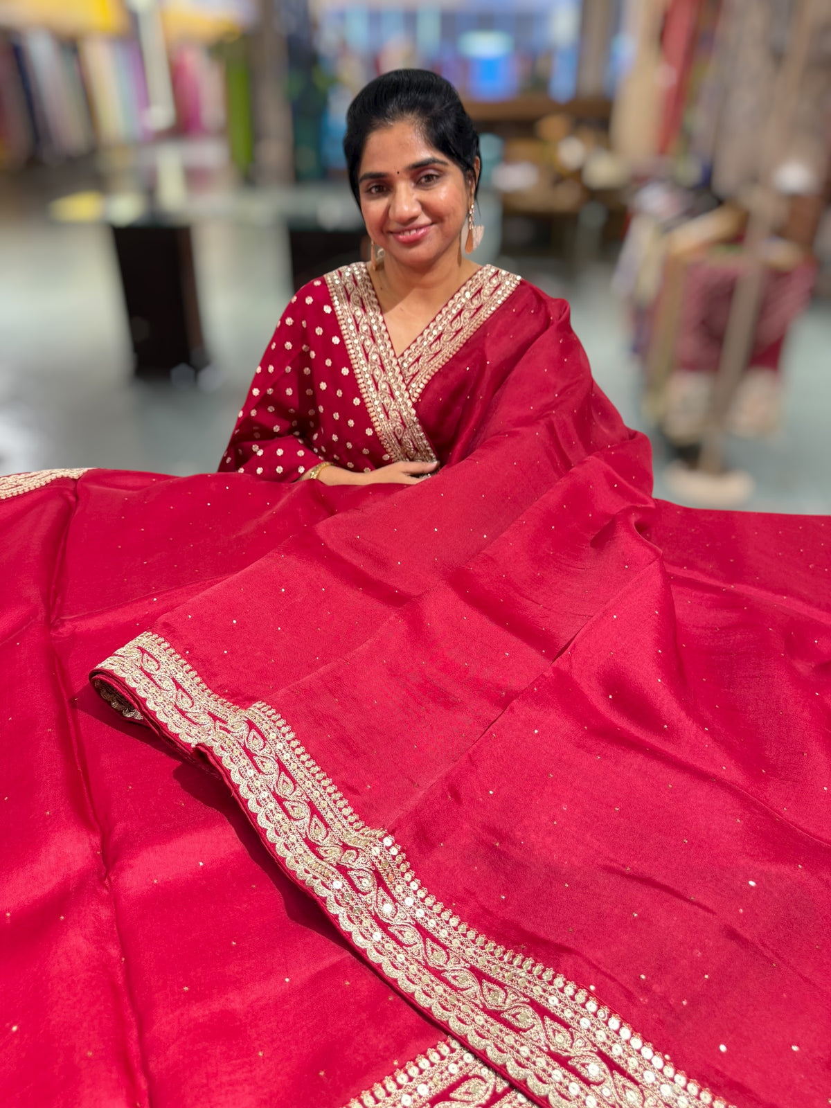 Maroon Red Pure Organza Saree with allover mukaish work & sabyasachi borders