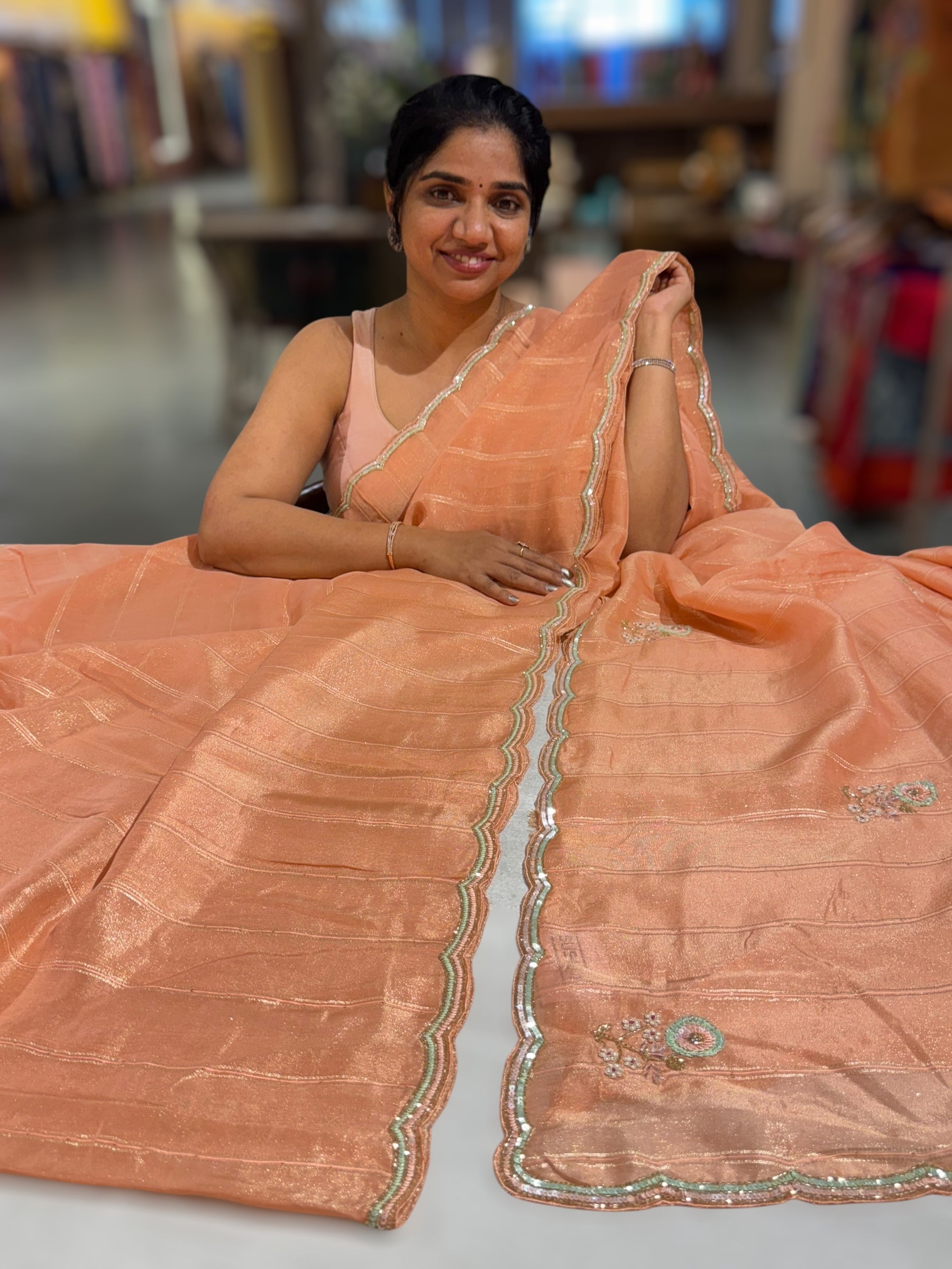Tissue Gorgette Saree With Handwork Border and Blouse.