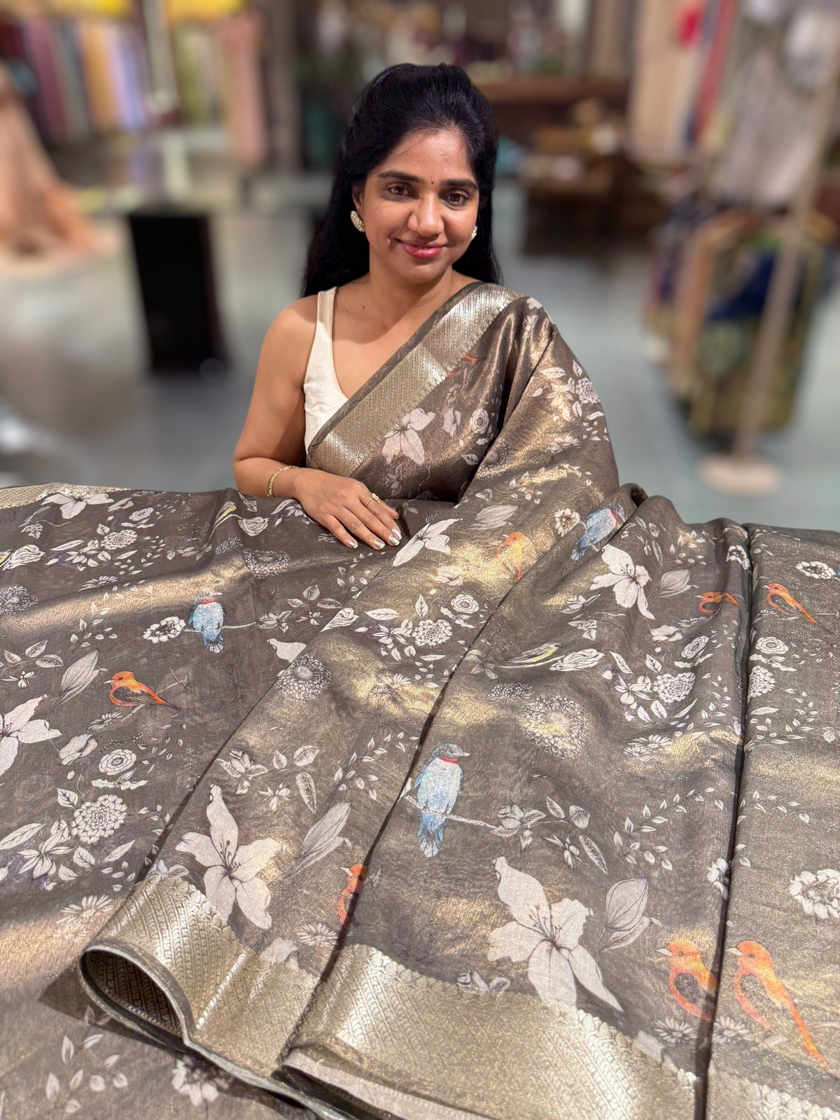 Dark Olive/ Deep mehendi Green Printed Banarasi Cotton Tissue