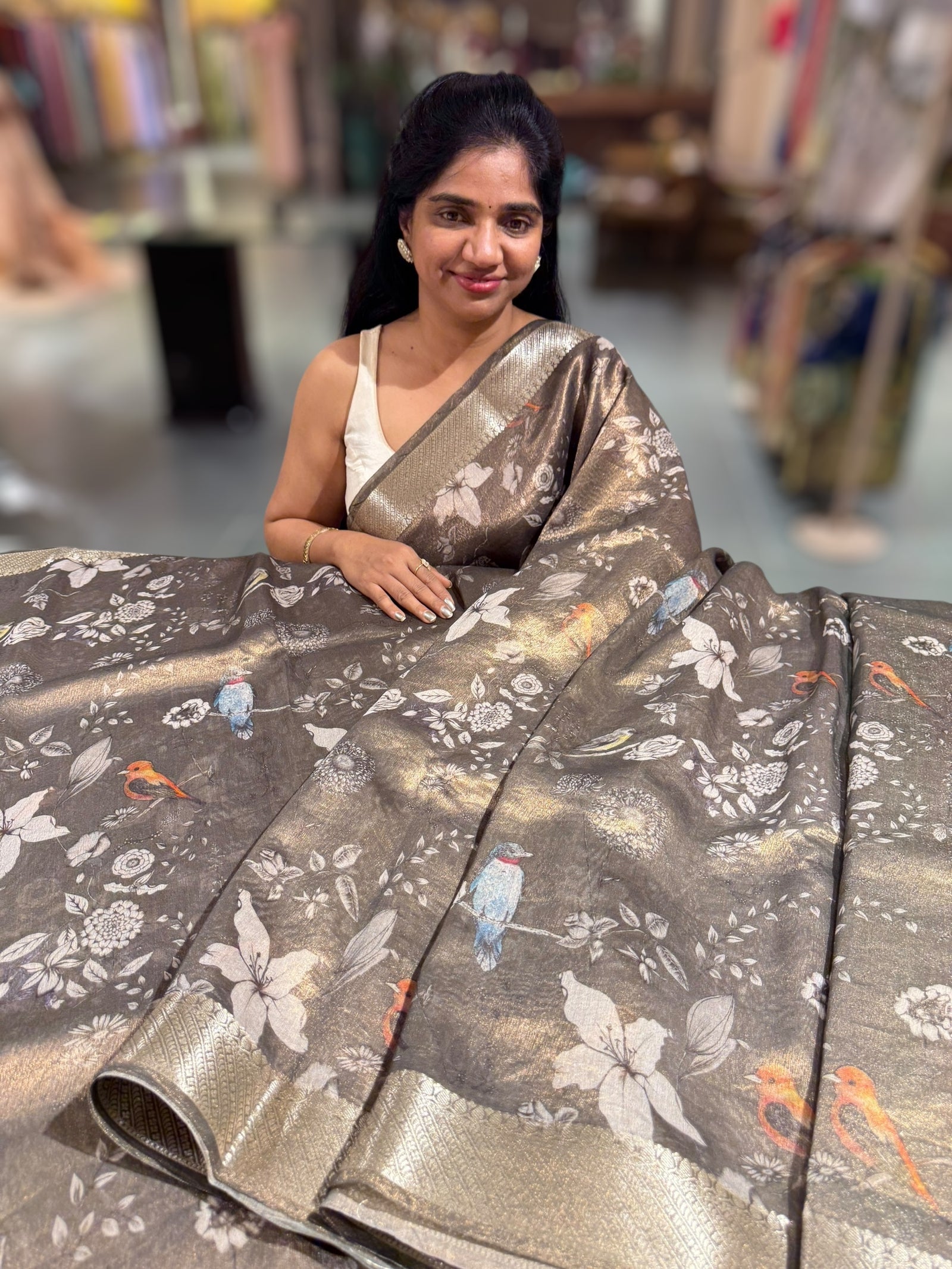 Dark Olive/ Deep mehendi Green Printed Banarasi Cotton Tissue