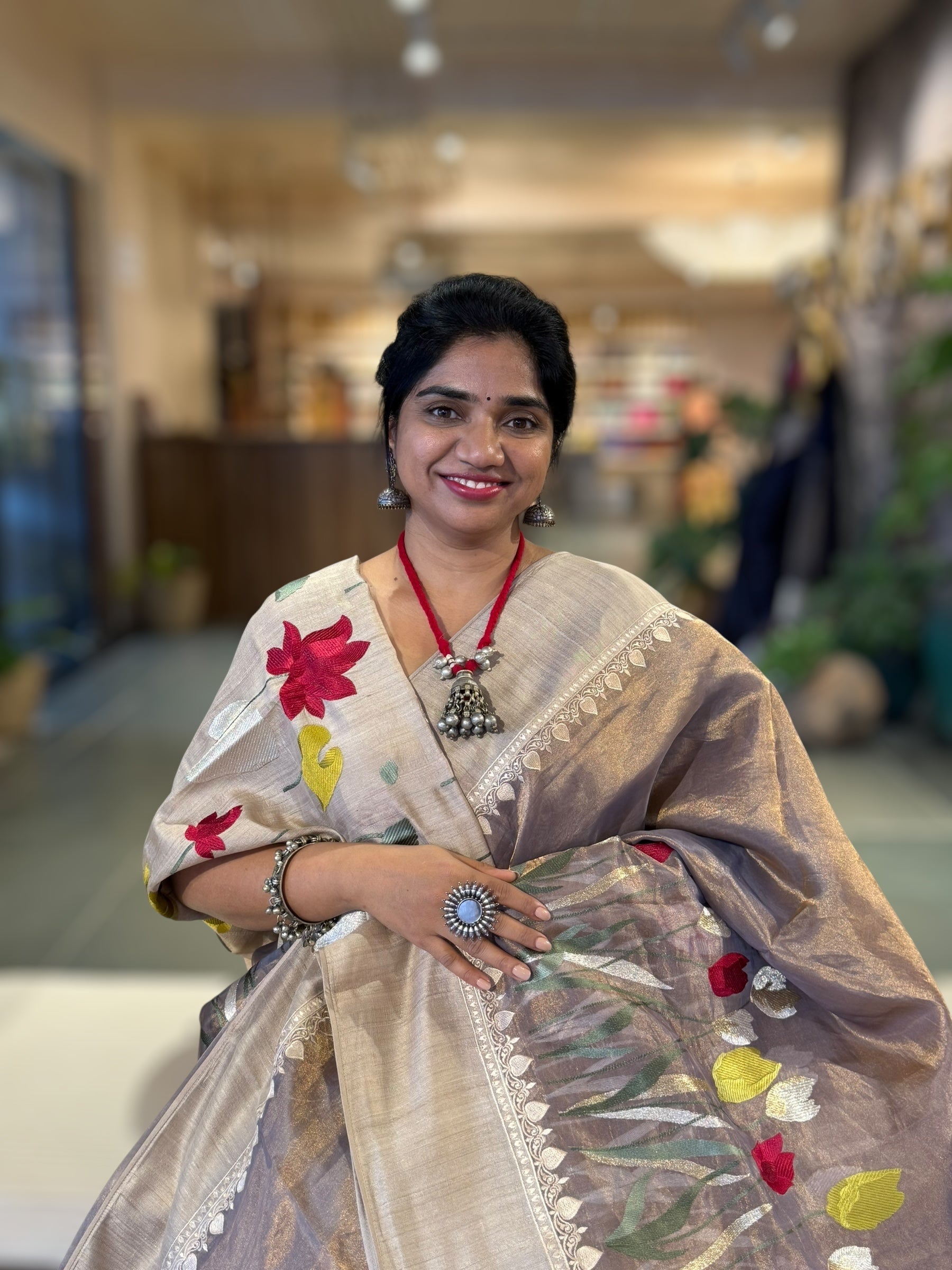 Mauve Designer Handloom Tissue Saree With Tulip embroidery