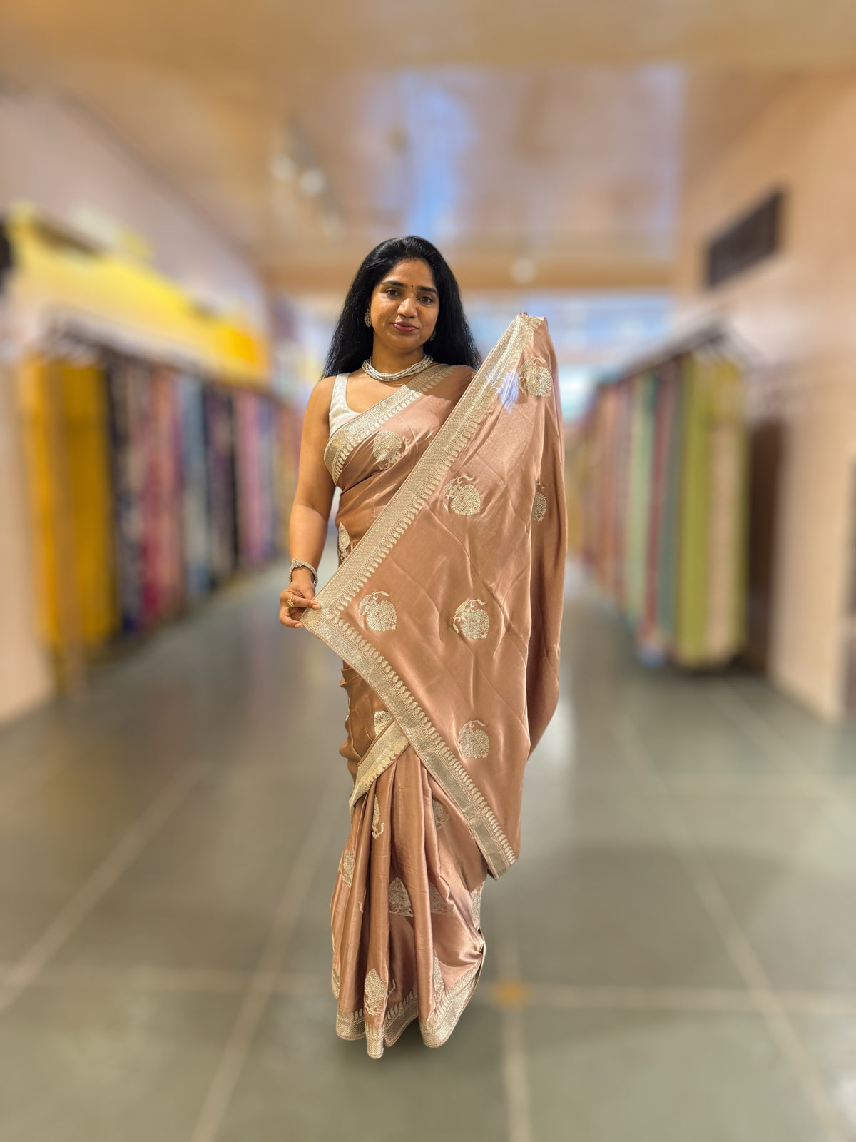 Light Brown Satin Saree with Embroidery.