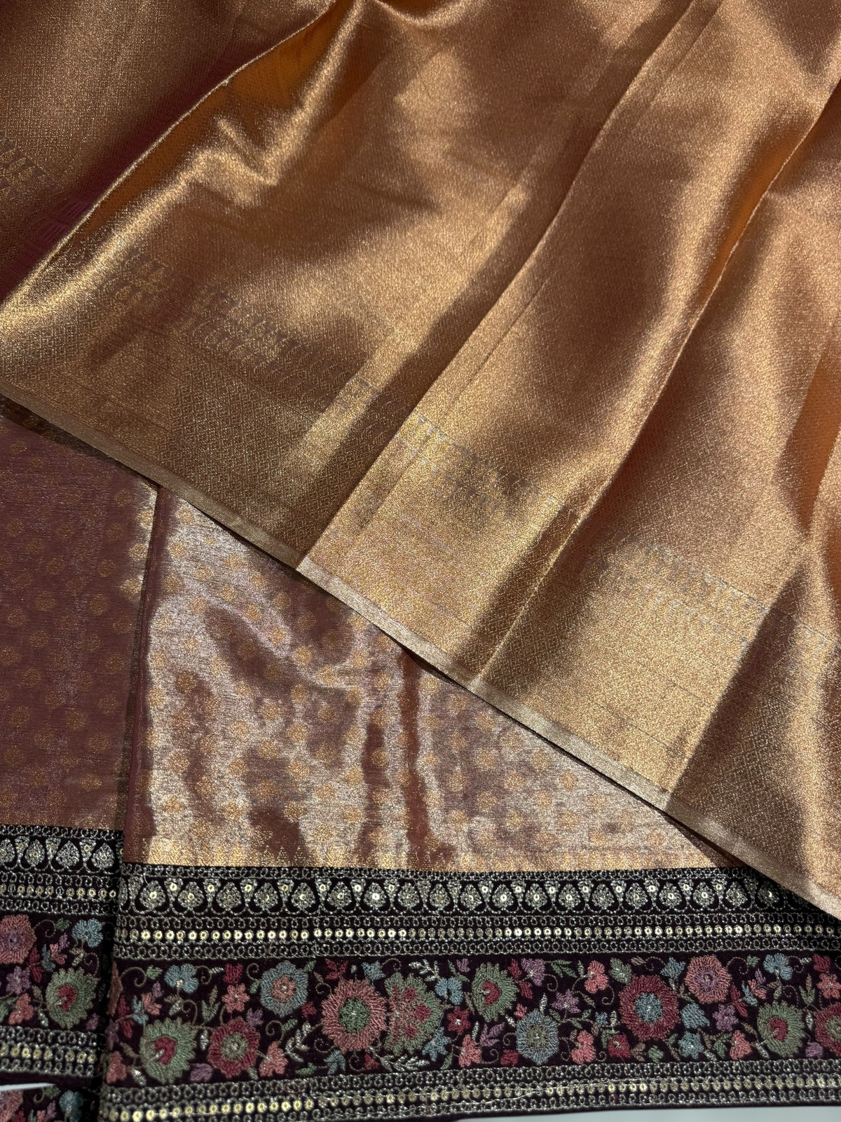 Copper Banarasi brocade tissue saree with sabhya borders