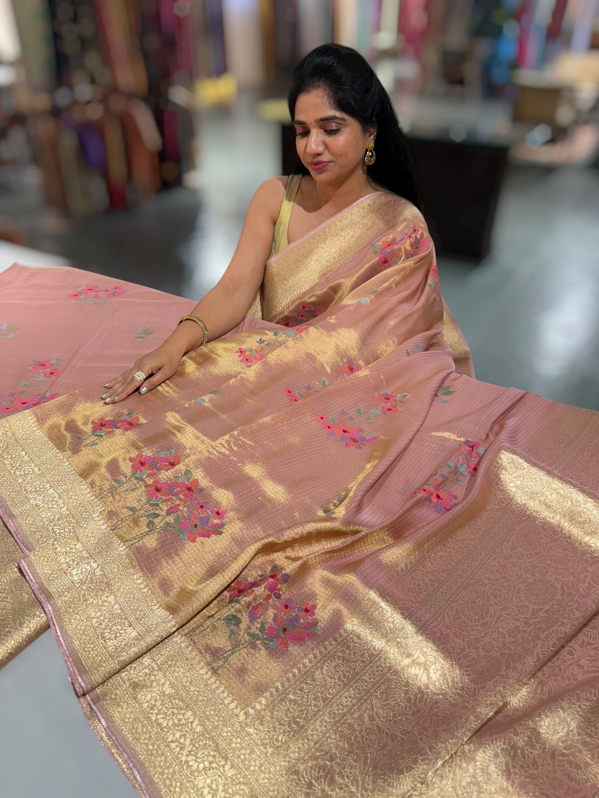Peach Pink Fancy Banarasi tissue tonchoi weaving saree with embroidery