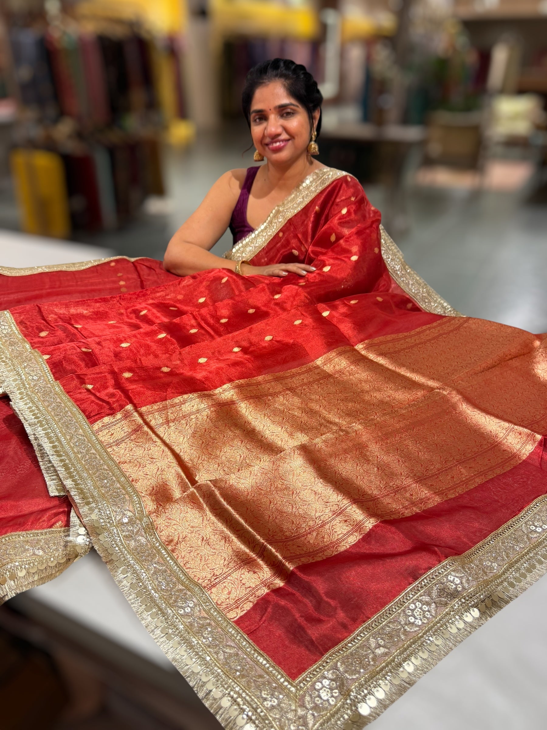 Red Pure handloom Banarasi Tissue saree