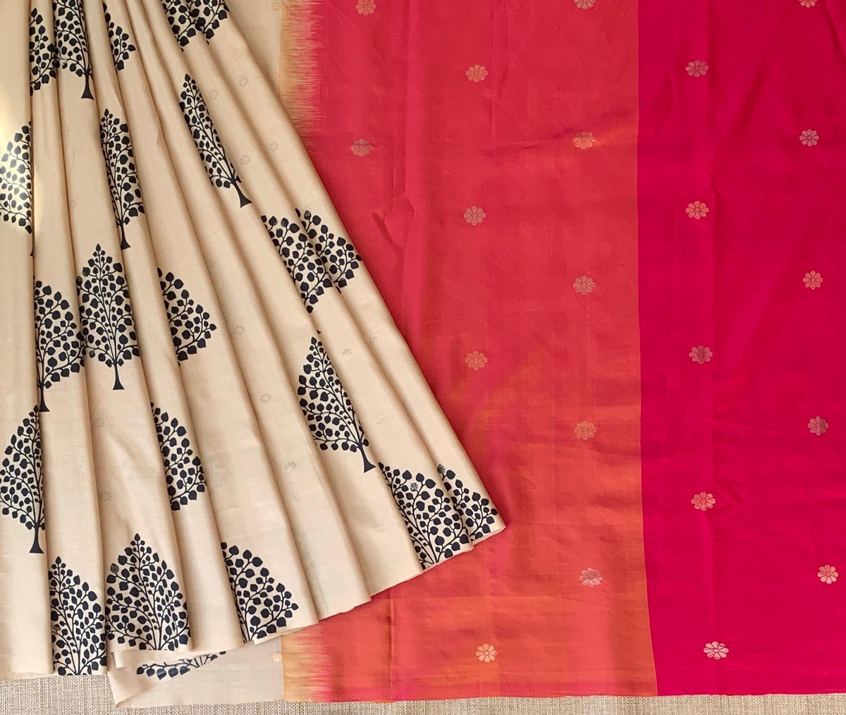 Beige Border less Designer printed kanchi silk saree with double color pallu