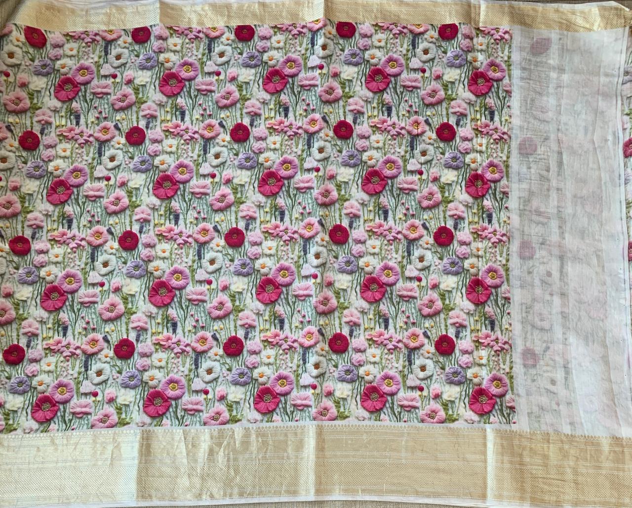 Banarasi Chiniya Silk Sarees with beautiful embroidery style 3D floral Print