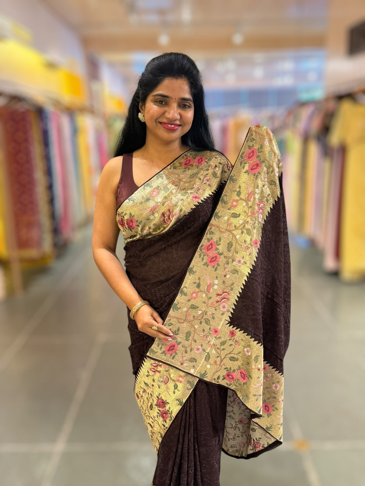 Brown Chikankari Georgette Saree with Tissue embroidered Border