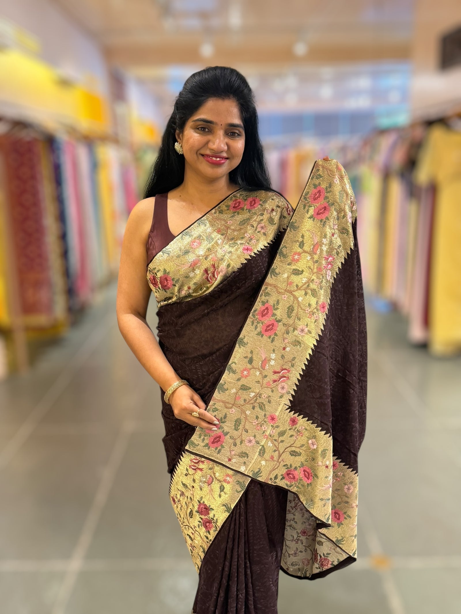 Brown Chikankari Georgette Saree with Tissue embroidered Border